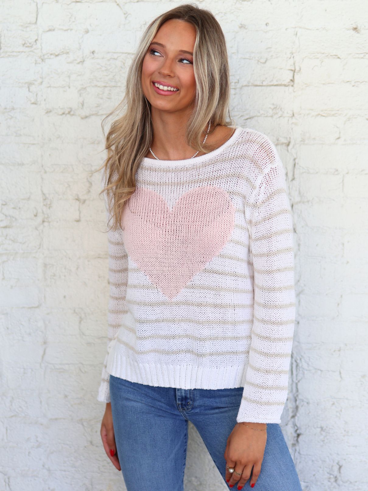 Wooden Ships Amelie Heart L/S Cotton Crew in White/Cream/Pink