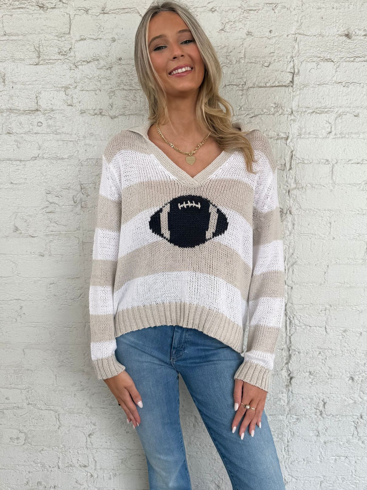 Wooden Ships Cotton Football Striped Top in Blush Champagne/Dark Indigo