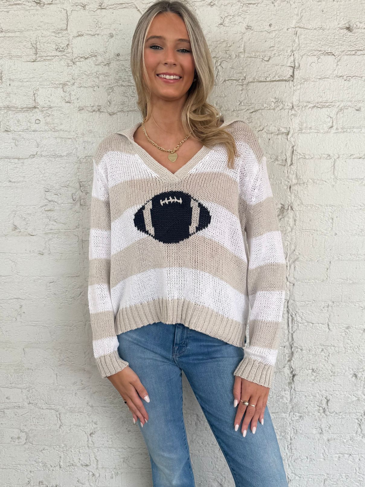 Wooden Ships Cotton Football Striped Top in Blush Champagne/Dark Indigo