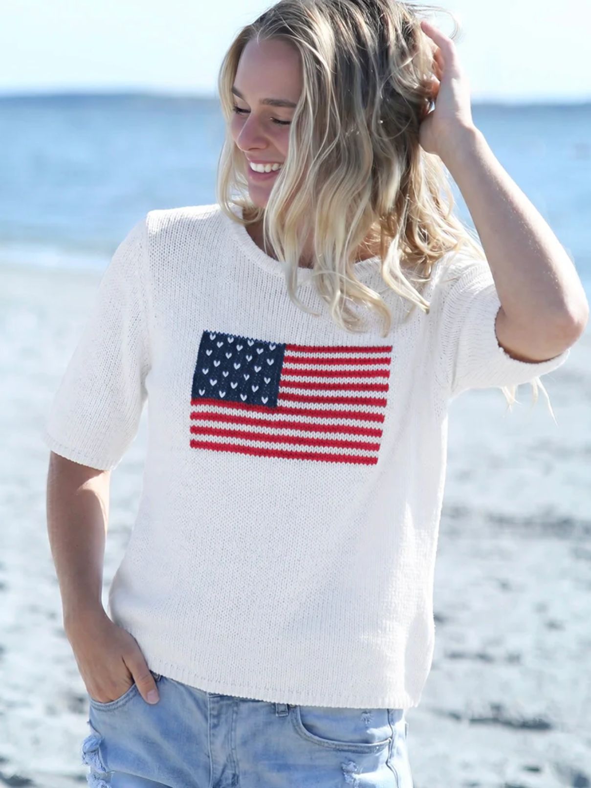 Wooden Ships Flag Half Sleeve Cotton Sweater