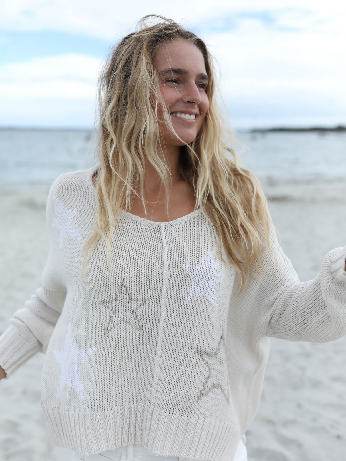 Wooden Ships Galaxy Sweater in Cream/White/Khaki Cotton