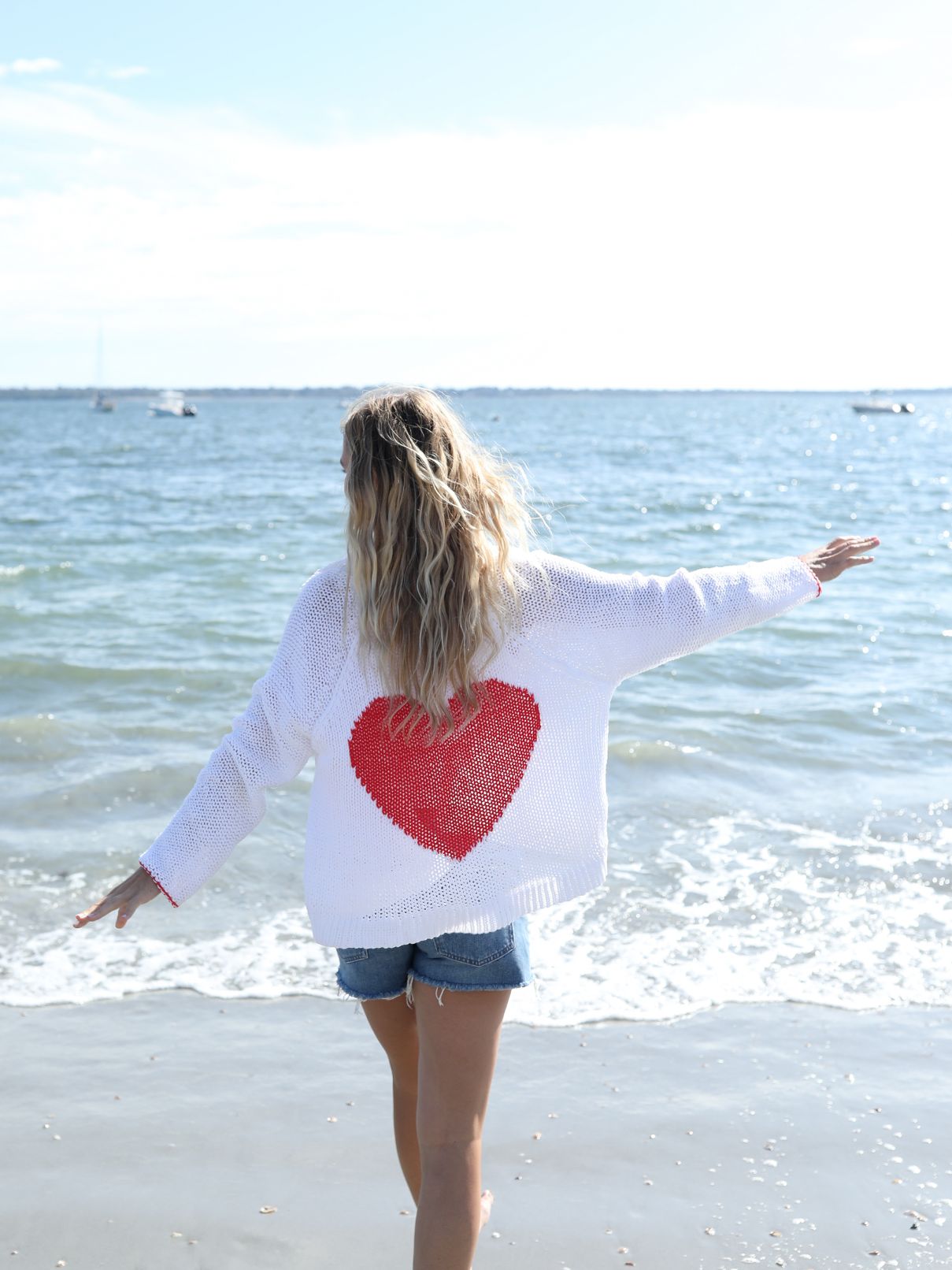 Wooden Ships Heart Back Chunky Cardi in Breaker White/Apple Red Cotton