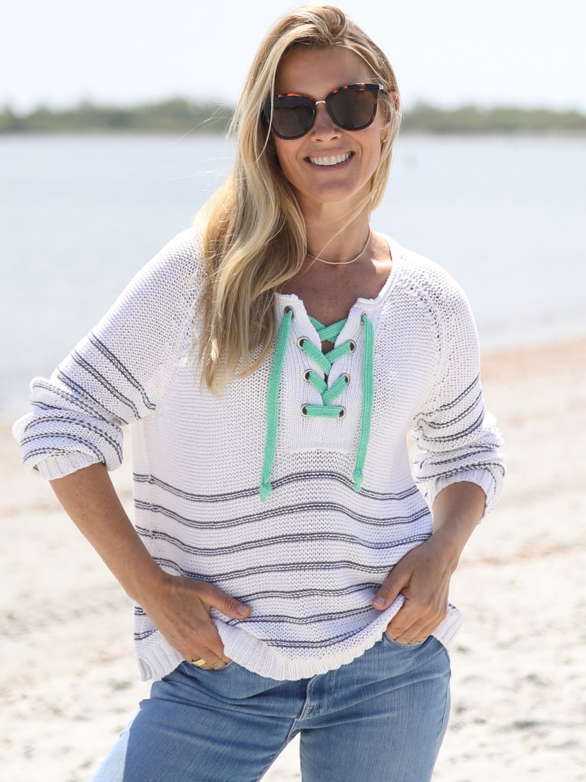 Wooden Ships Hudson Laced Cotton Sweater Top in White/Sky