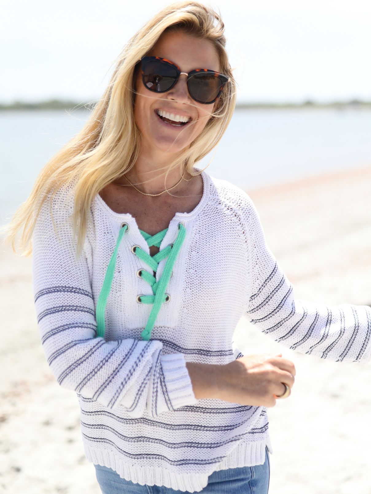 Wooden Ships Hudson Laced Cotton Sweater Top in White/Sky