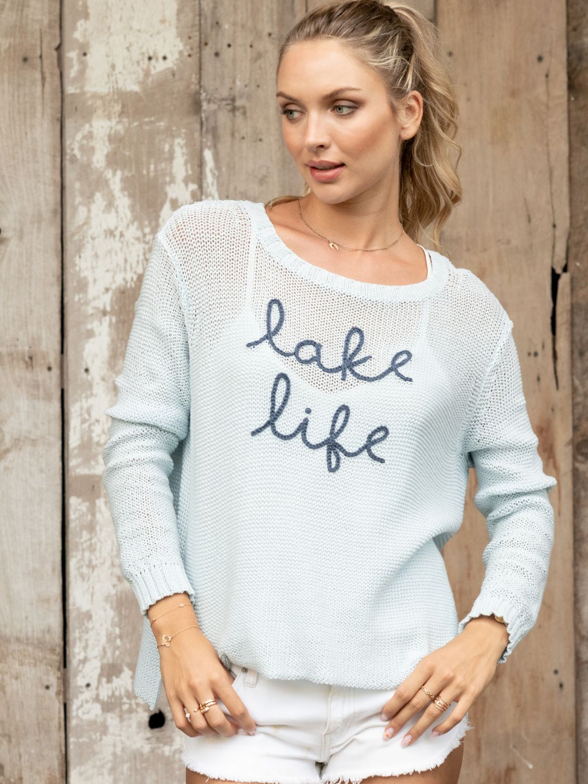 Wooden Ships Lake Life Cotton Sweater in Ventana Blue/ Sky