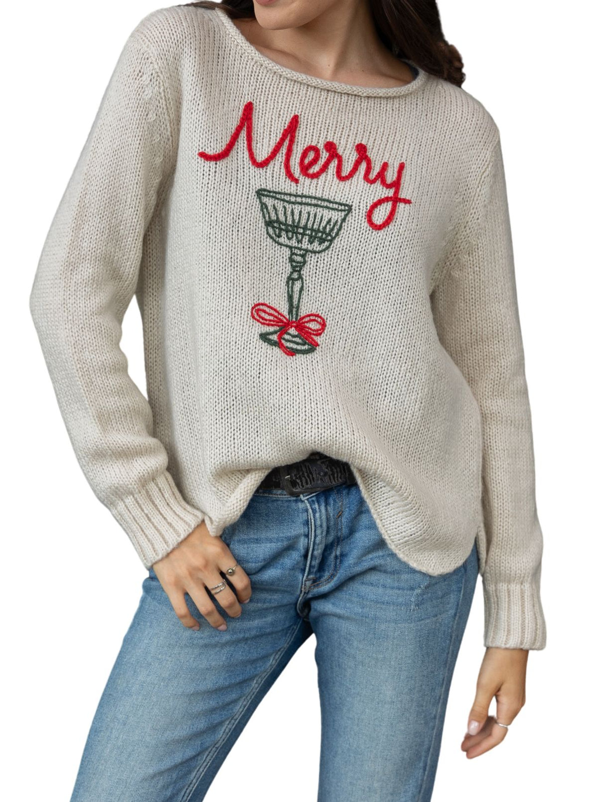 Wooden Ships Merry Cocktail Crew Sweater in Moon/Red/Kale