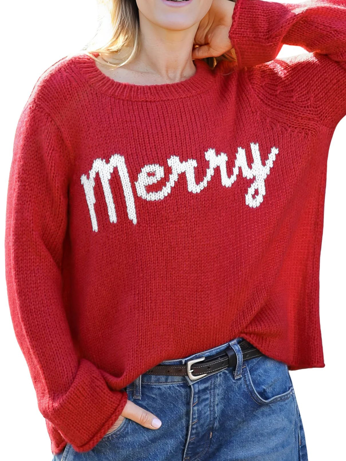 Wooden Ships Merry Crew Chunky Knit Christmas Sweater in Red Ginger/Pure Snow