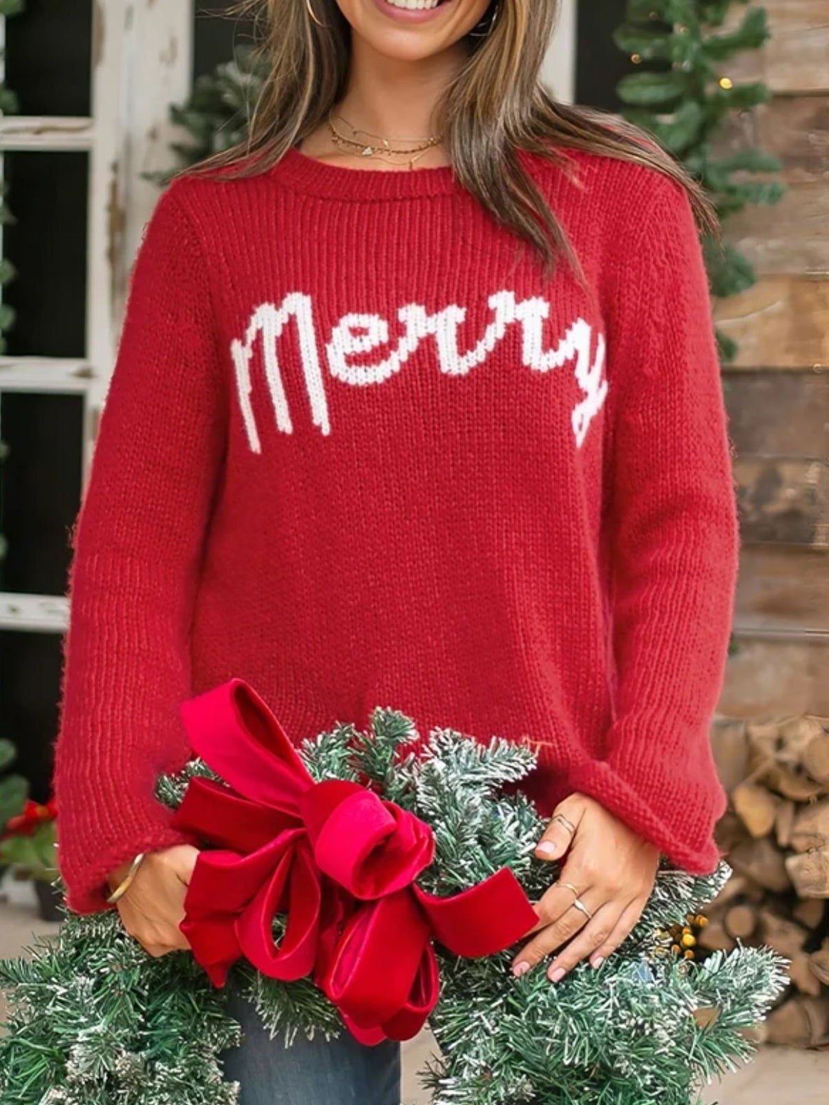 Wooden Ships Merry Crew Chunky Knit Christmas Sweater in Red Ginger/Pure Snow