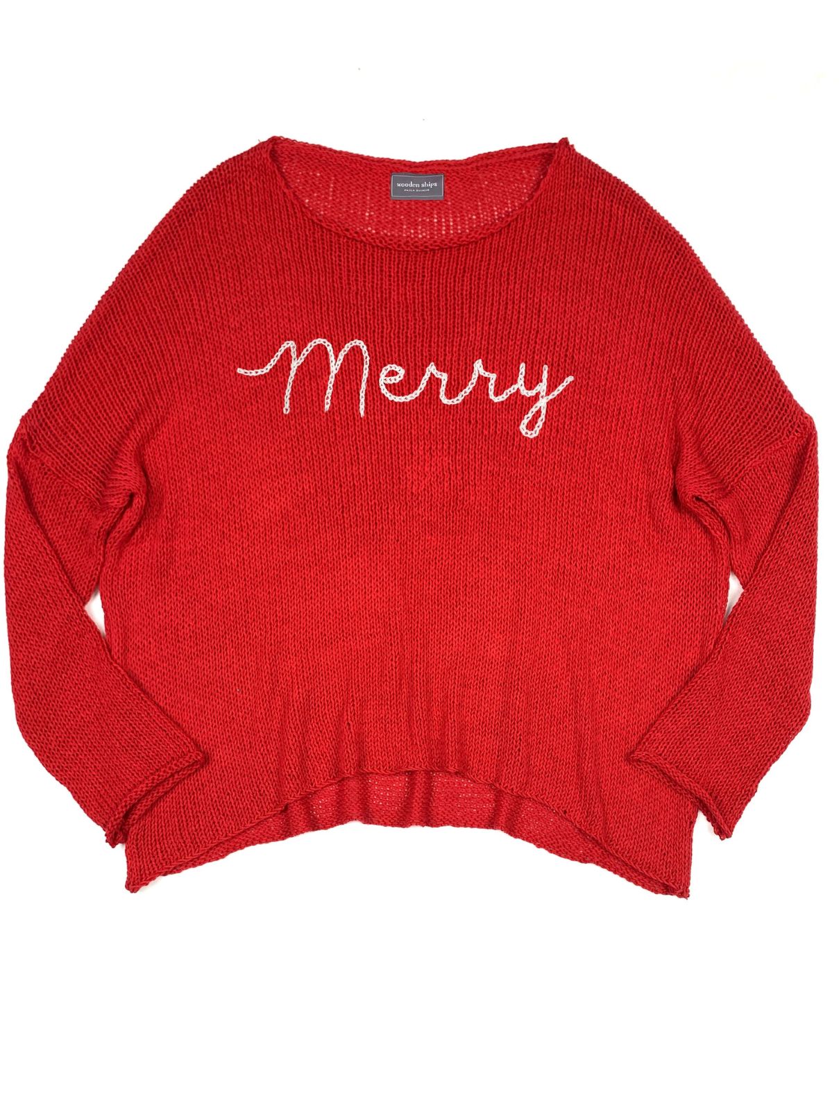 Wooden Ships Merry Embroidered Cotton Crew in Real Red/Breaker White