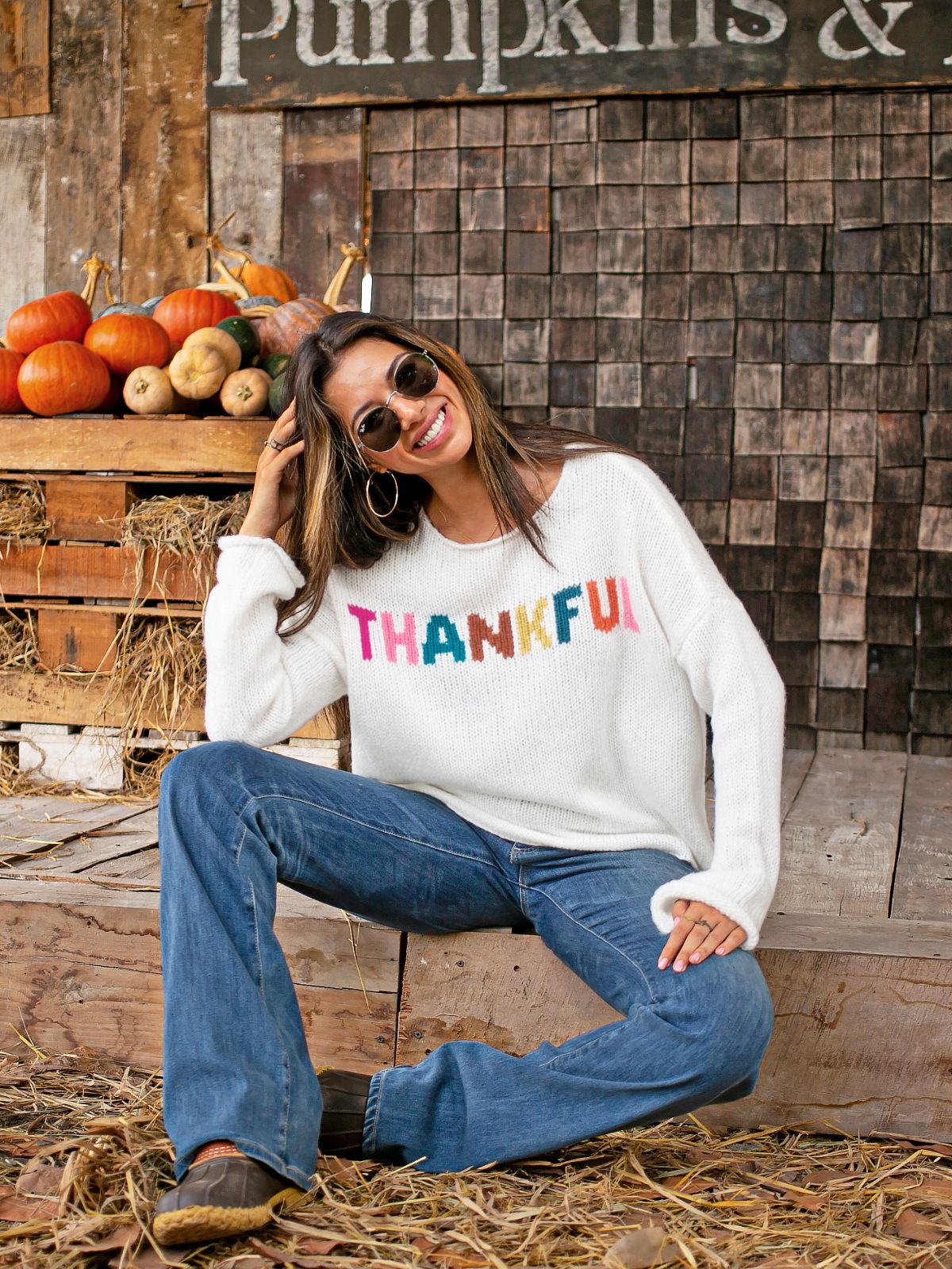 Wooden Ships Thankful Chunky Crew Sweater in Snow Multi