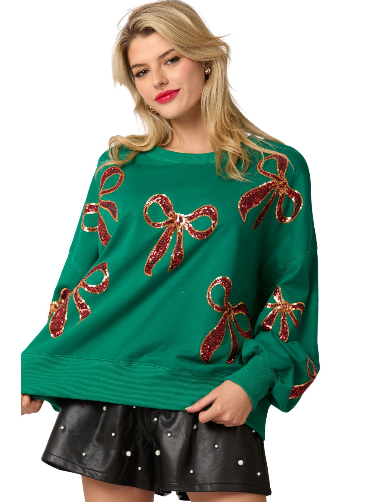 Xmas Sequin  Bow Sweatshirt in Green