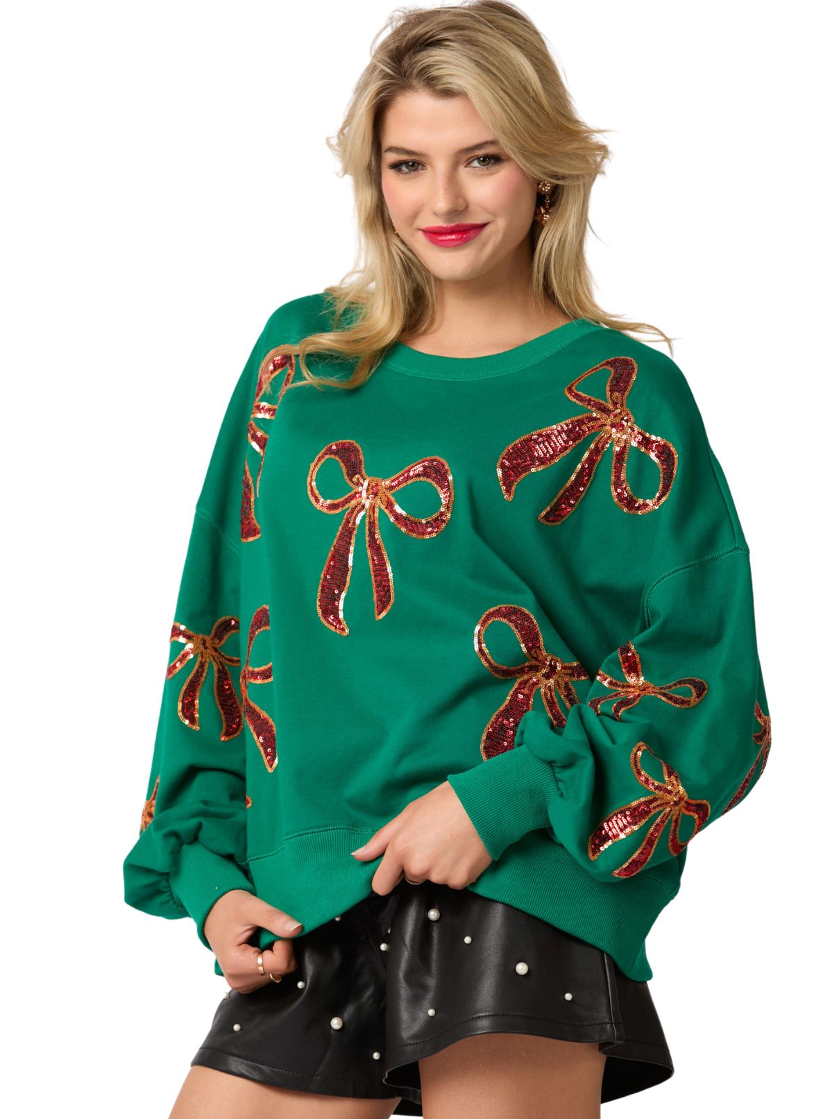 Xmas Sequin  Bow Sweatshirt in Green