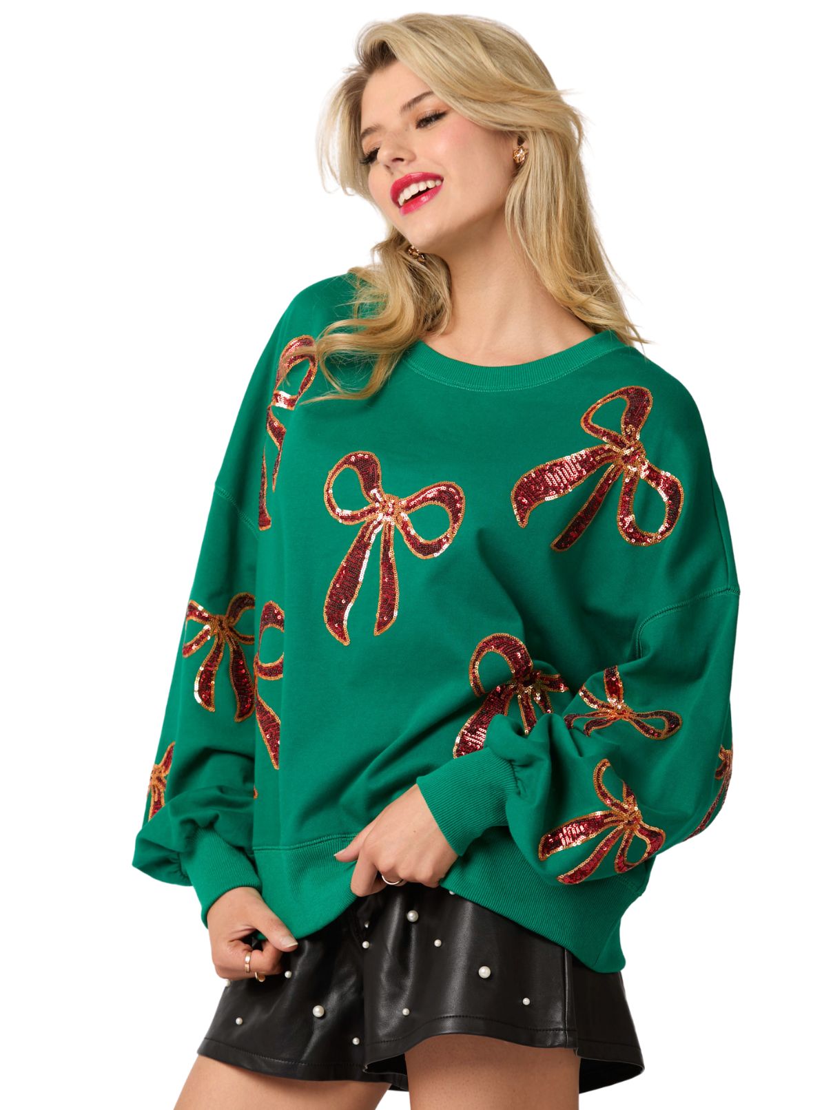 Xmas Sequin  Bow Sweatshirt in Green