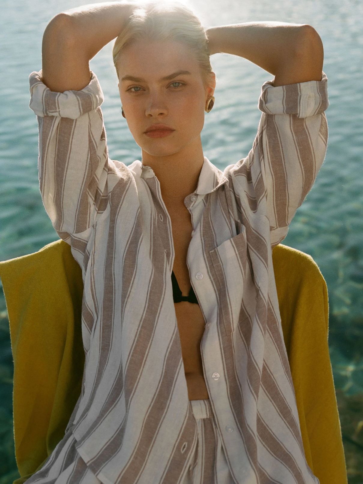Z Supply Perfect Striped Linen Button Up in Light Toffee