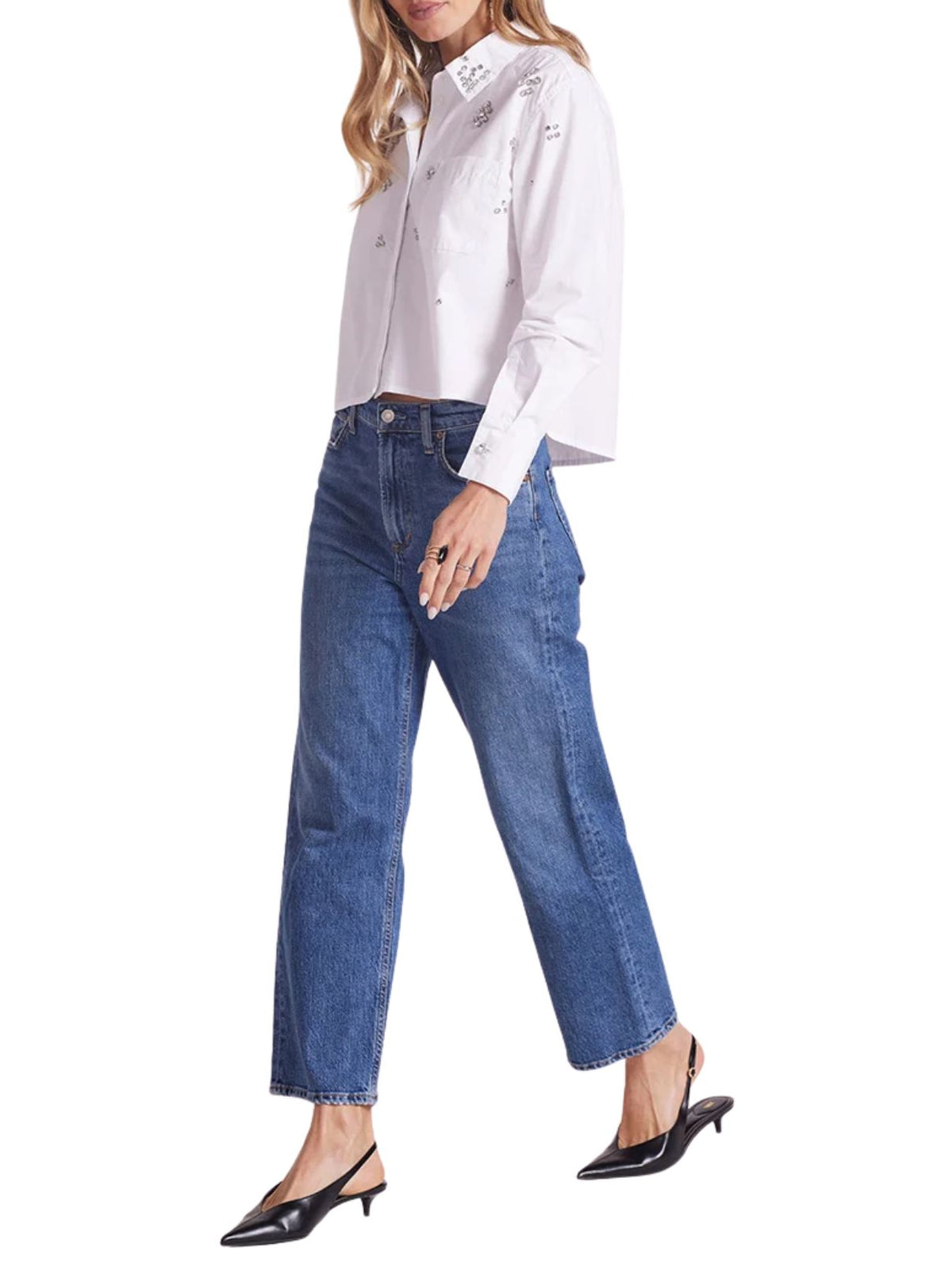 bobi LA Jeweled Rhinestone Button-Up Shirt in White