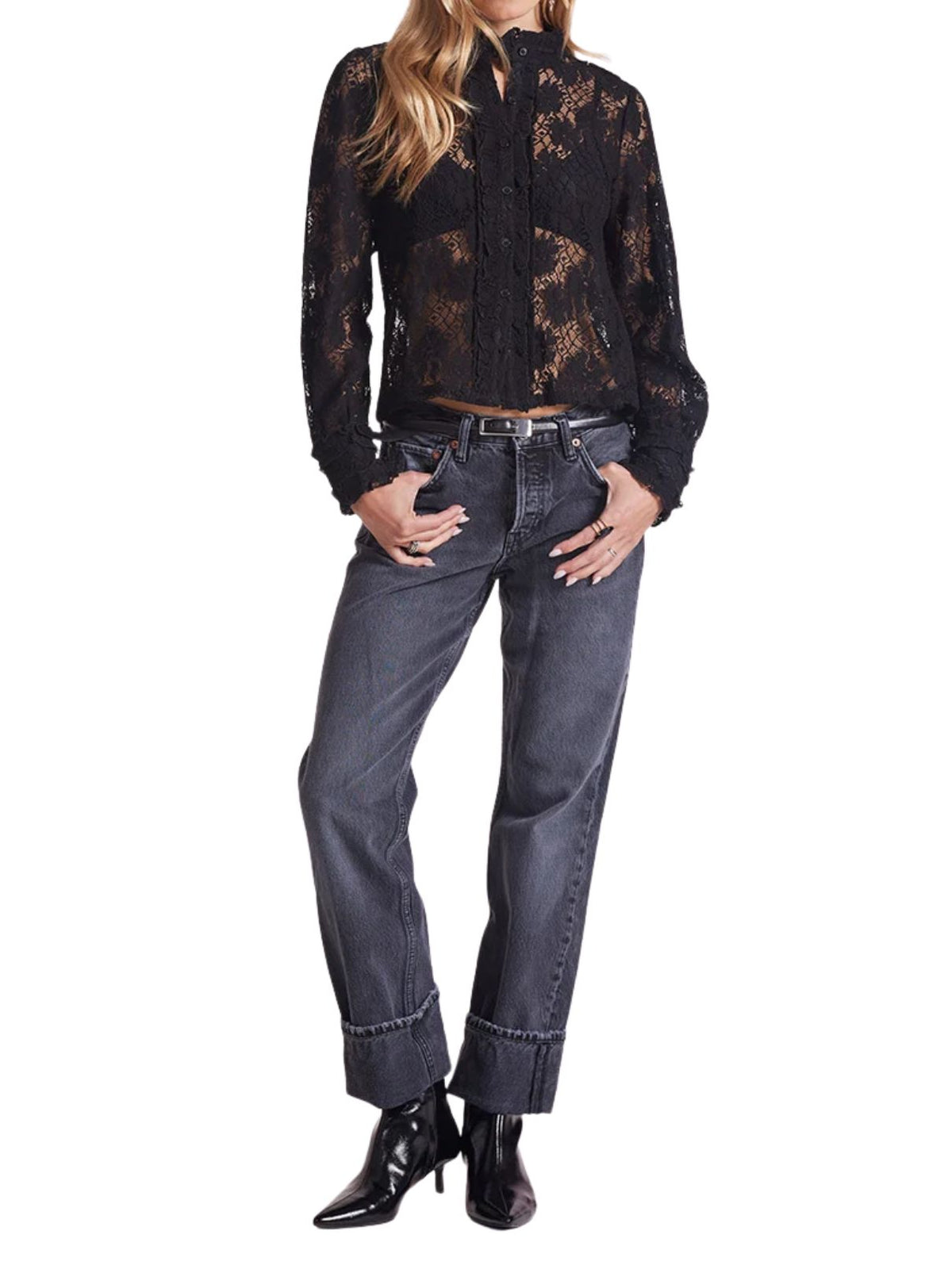 bobi LA Maxine Ruffle Lace Button-Up Blouse in Black