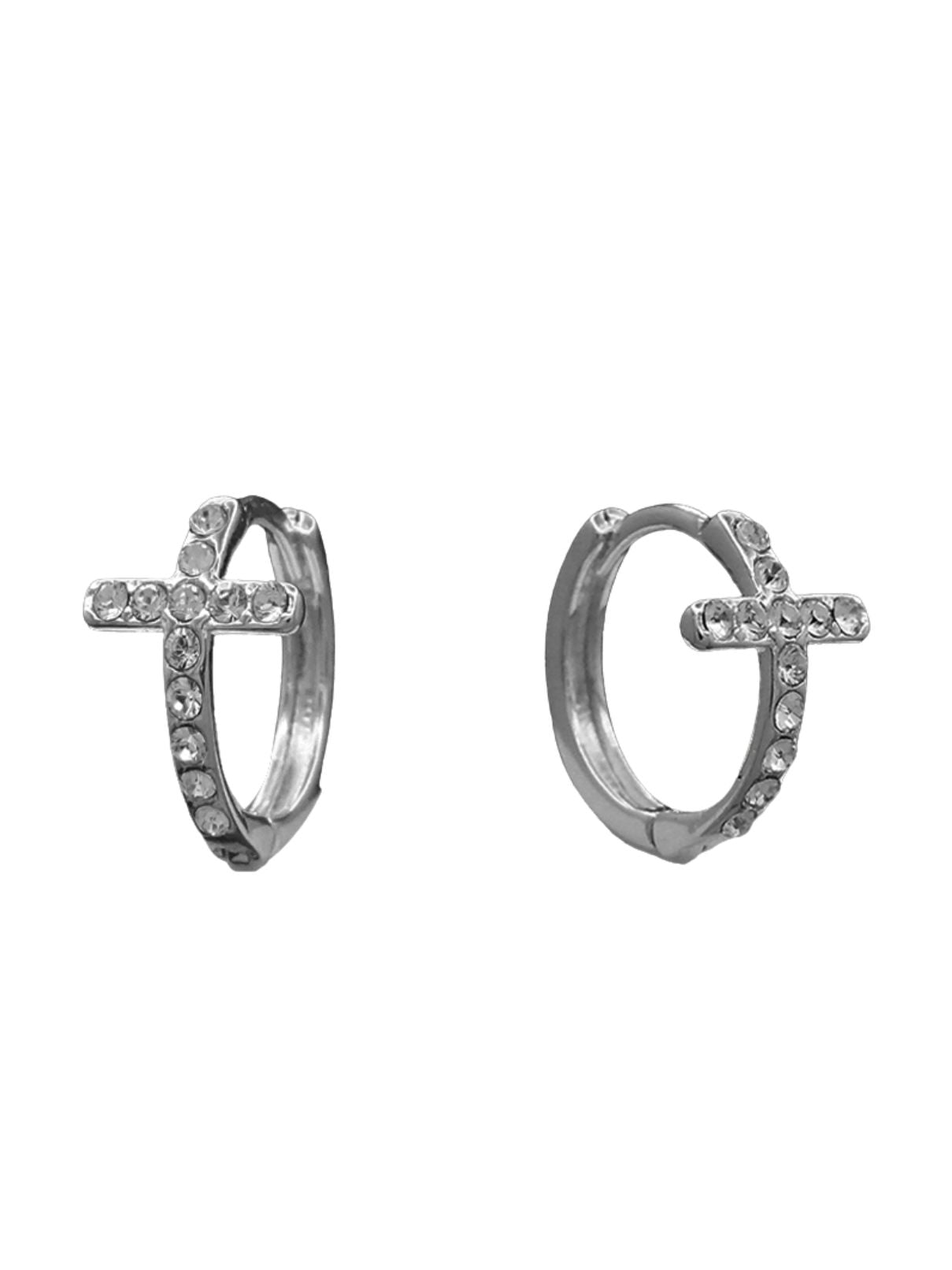 Beje Designs Pavé Cross Huggie Earrings in Silver