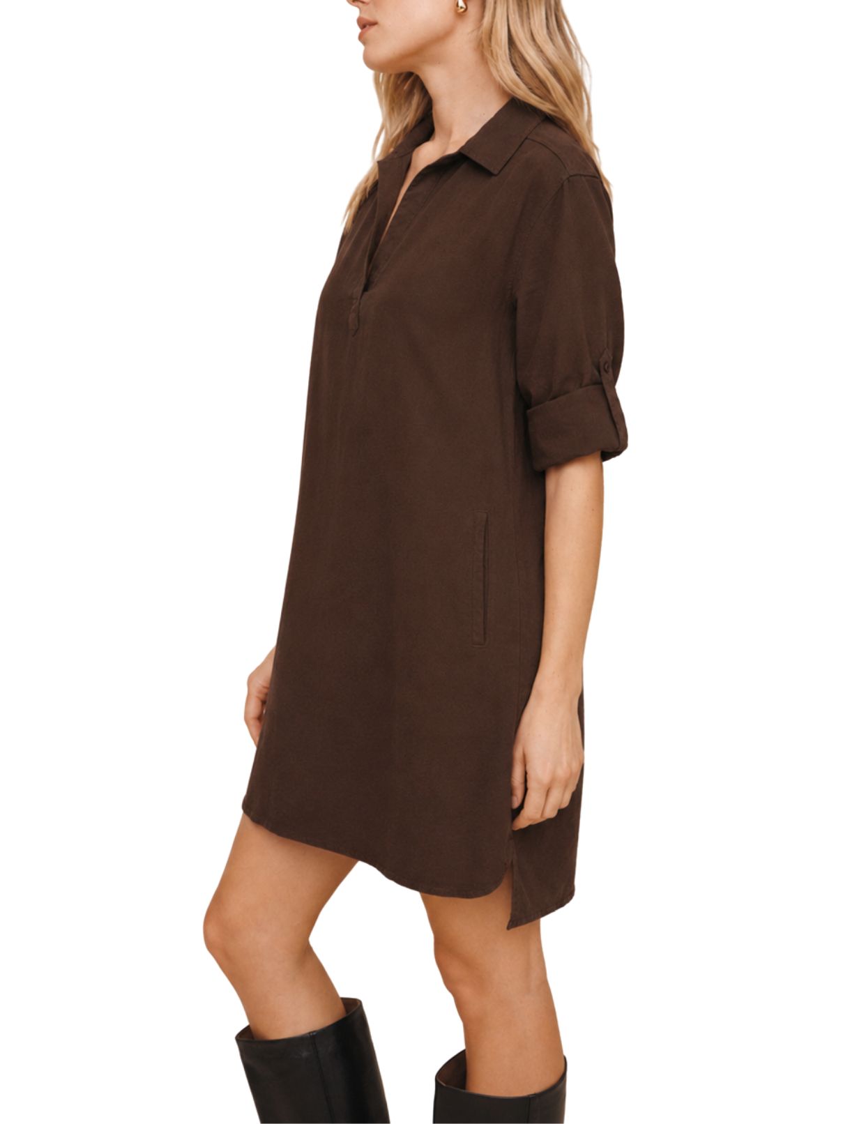 Bella Dahl Long Sleeve A-Line Shirt Dress in Dark Chestnut