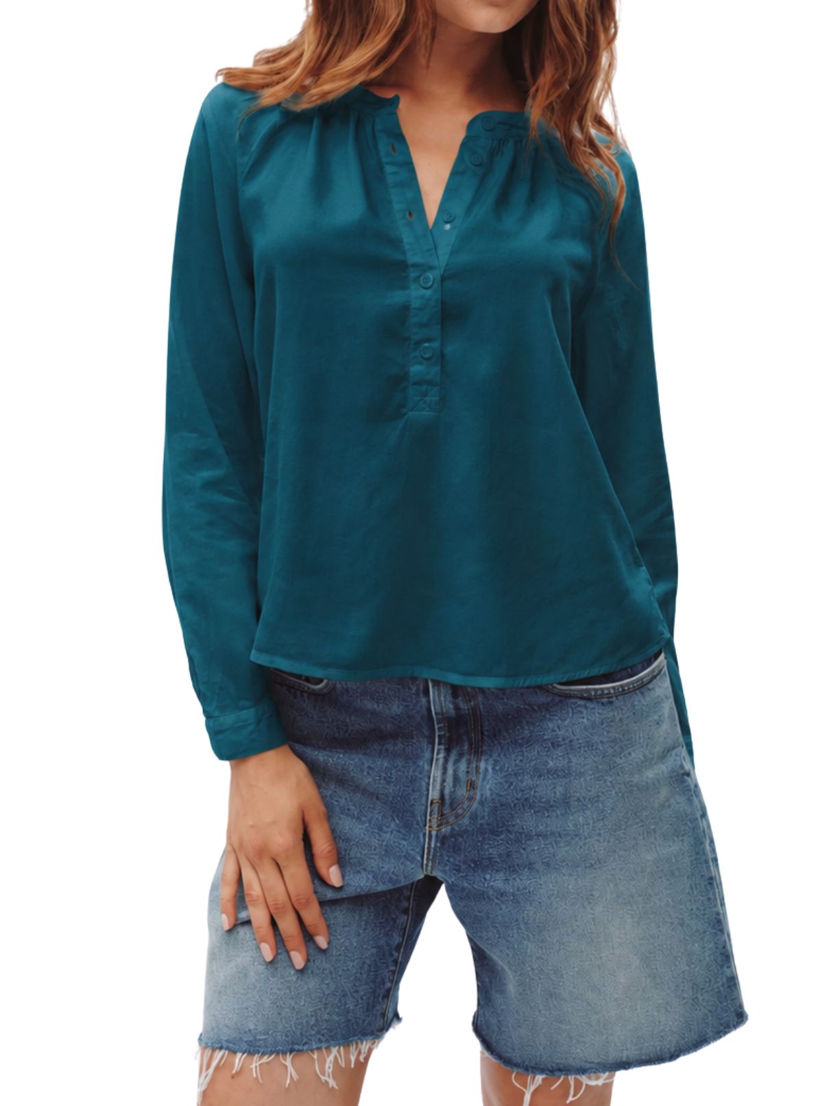 Bella Dahl Long Sleeve Wide Placket Pullover – Twilight Teal