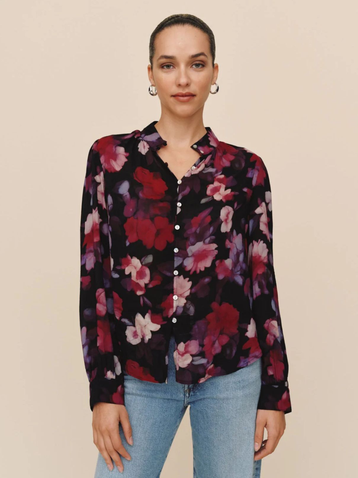 Bella Dahl Shirred Button Up Blouse in Berry Bloom Print