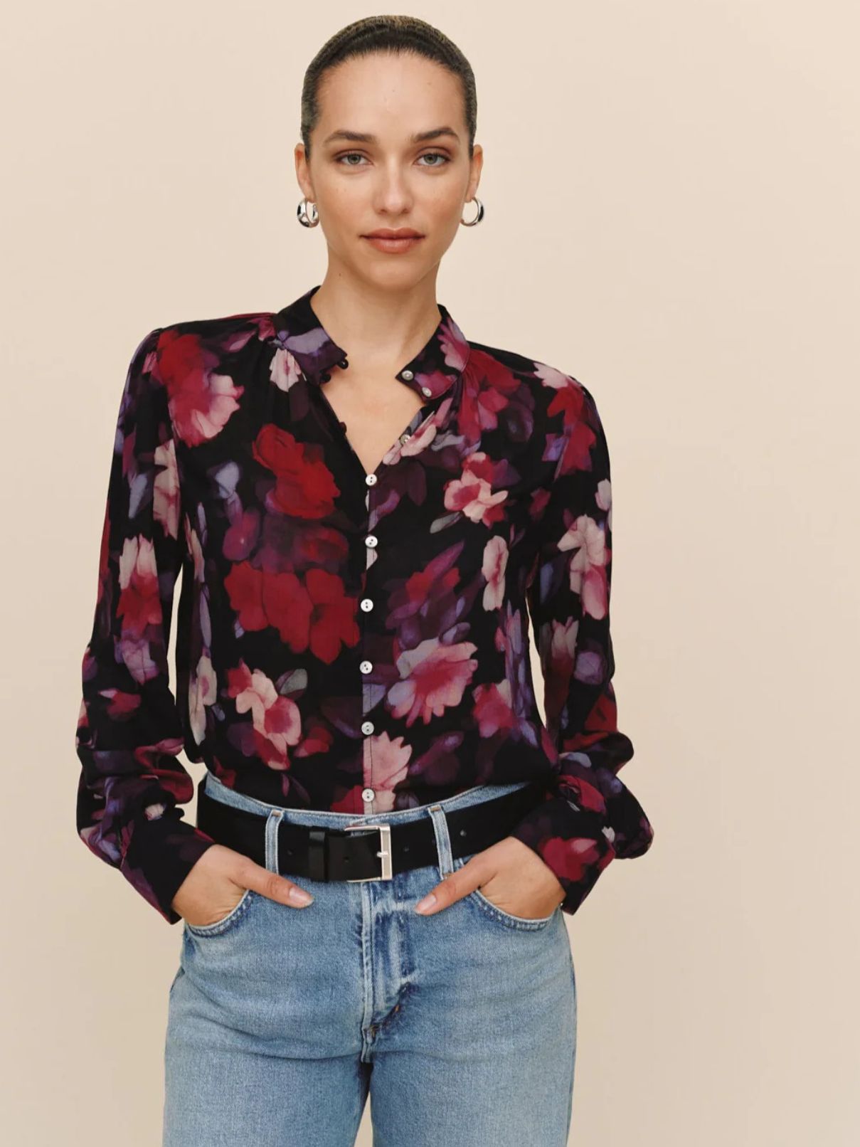 Bella Dahl Shirred Button Up Blouse in Berry Bloom Print