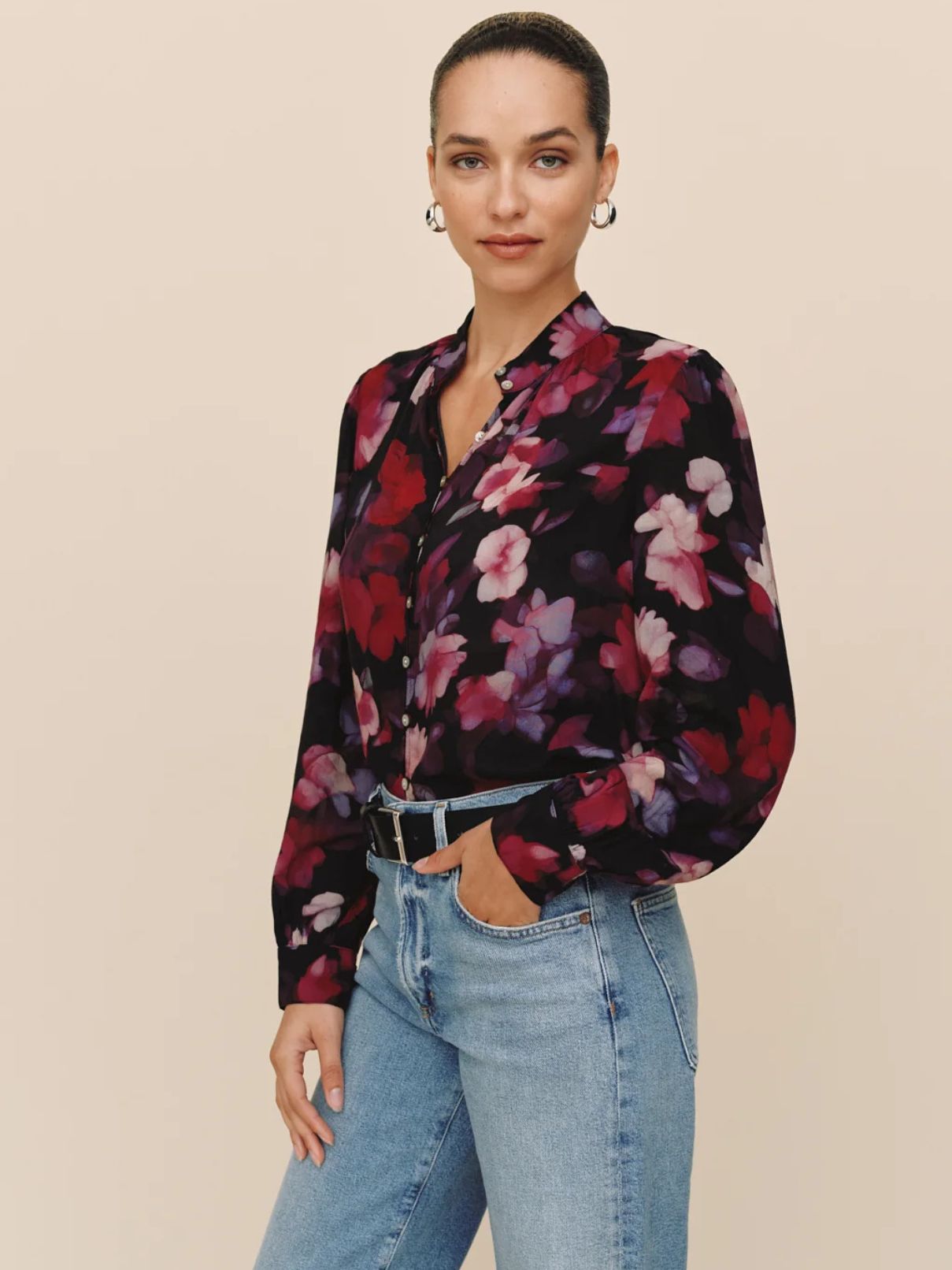 Bella Dahl Shirred Button Up Blouse in Berry Bloom Print