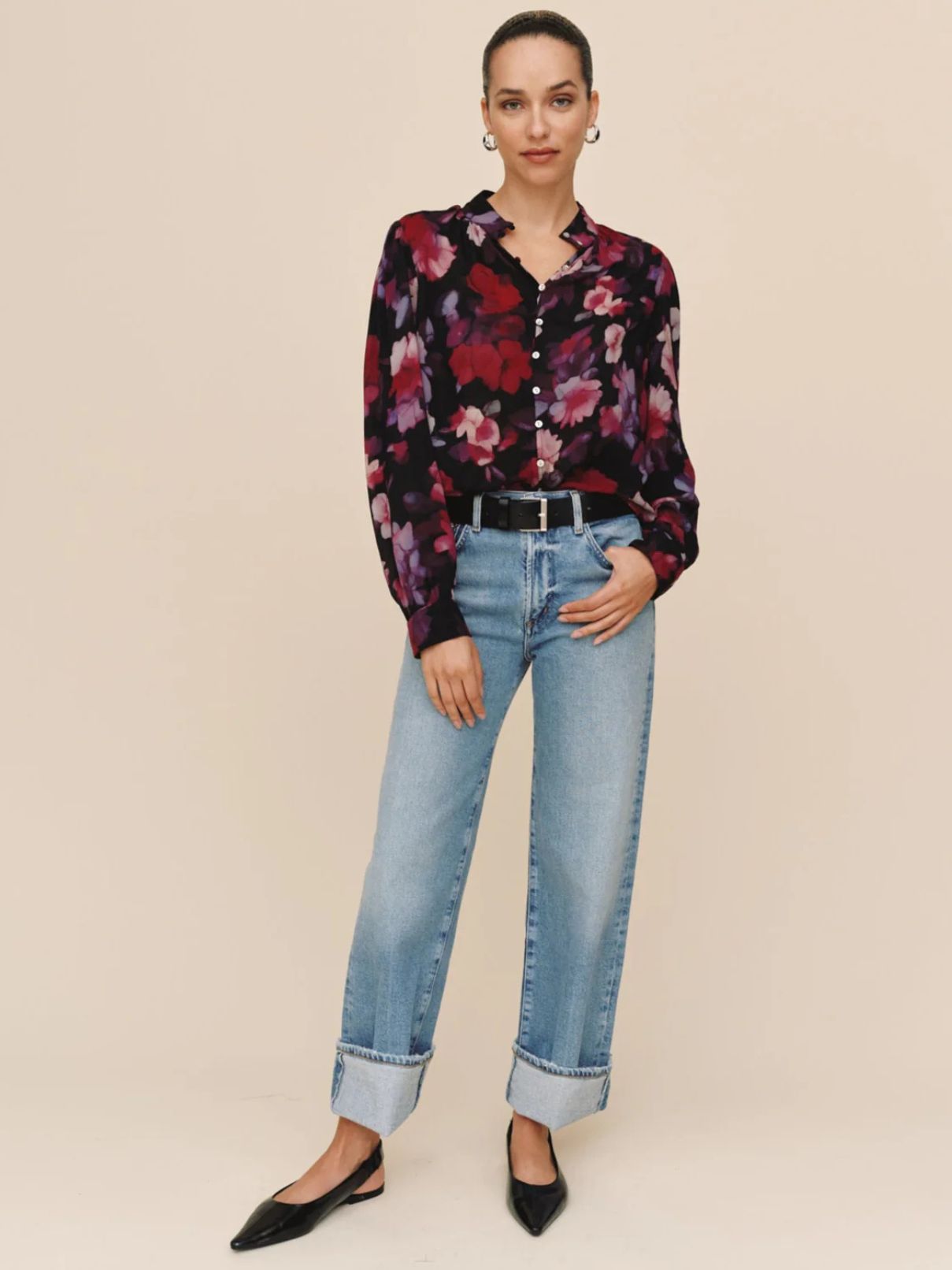 Bella Dahl Shirred Button Up Blouse in Berry Bloom Print