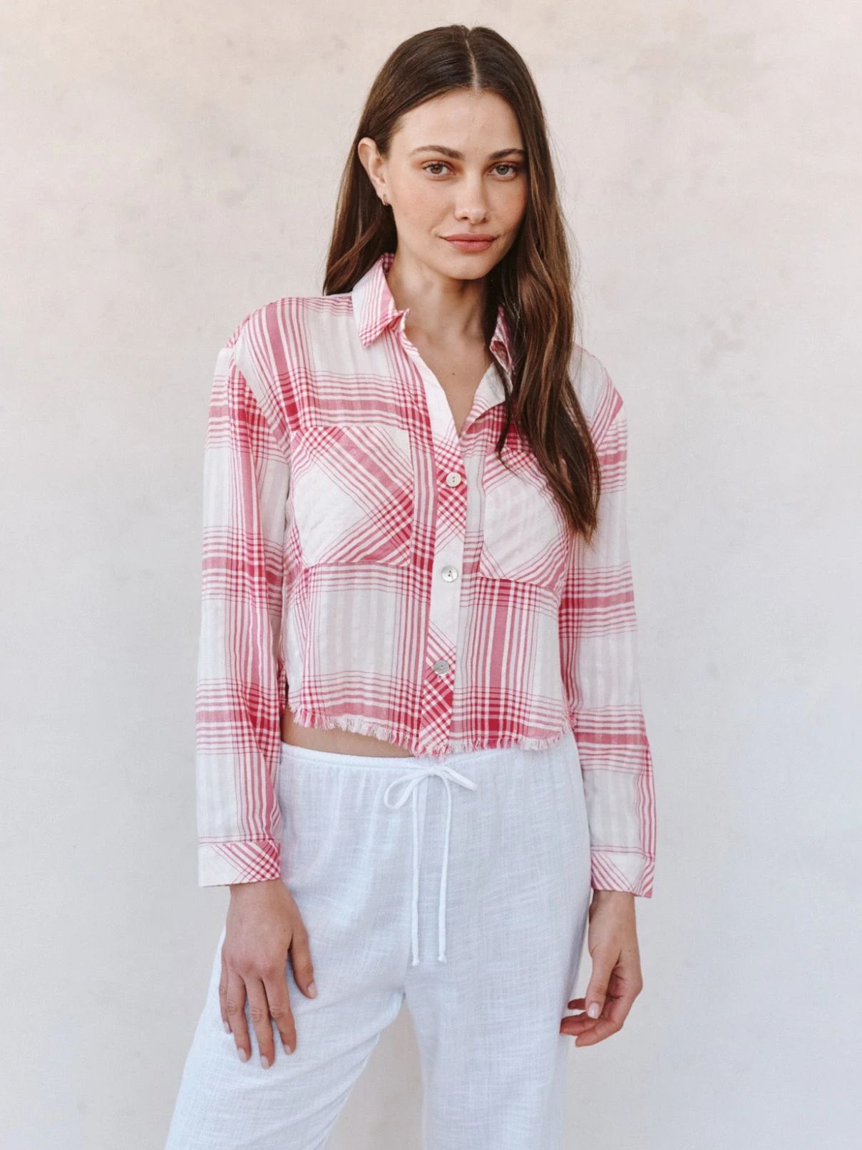 Bella Dahl Two Pocket Fray Hem Top in Pink Sunset Shadow Plaid