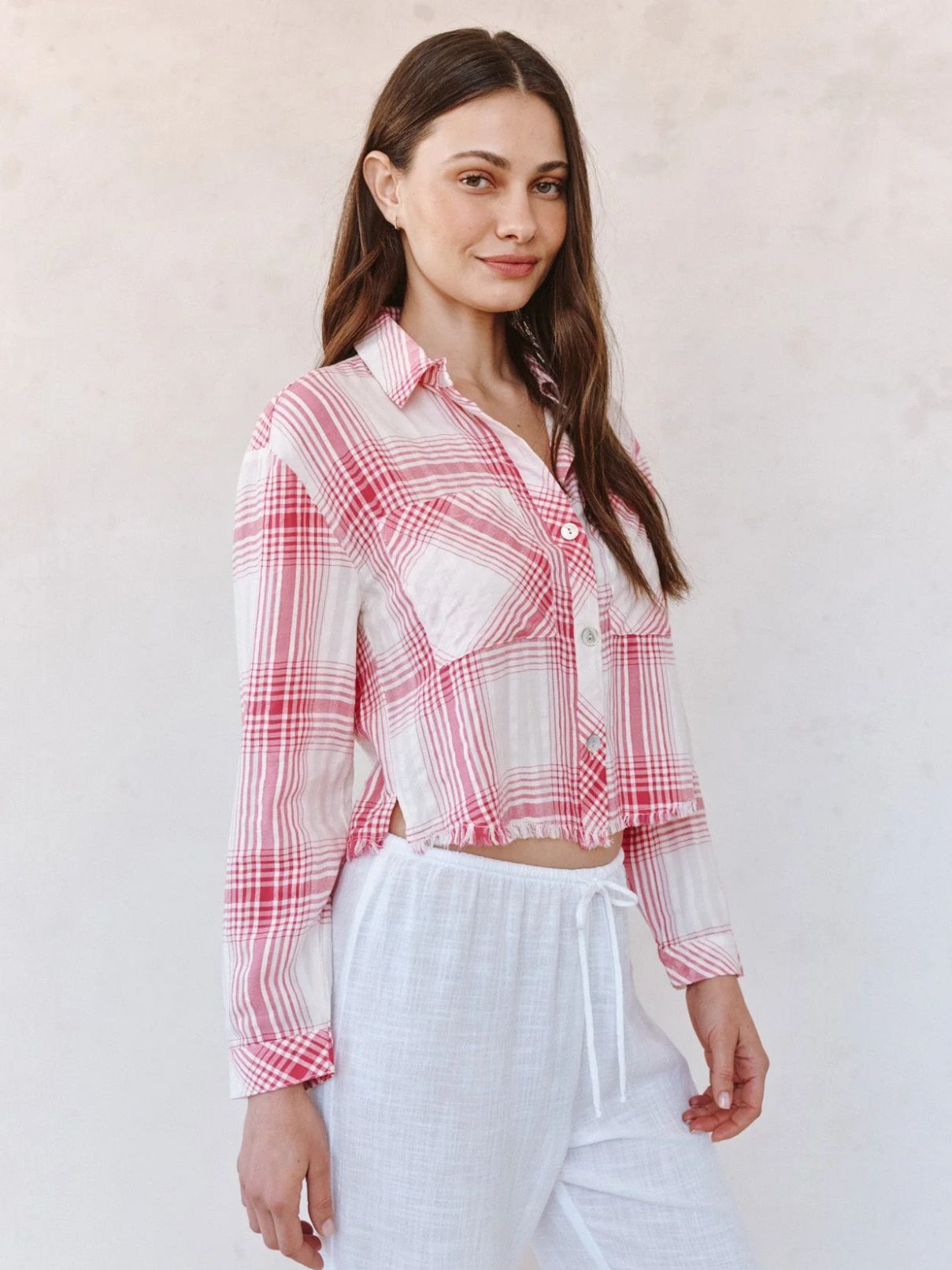 Bella Dahl Two Pocket Fray Hem Top in Pink Sunset Shadow Plaid