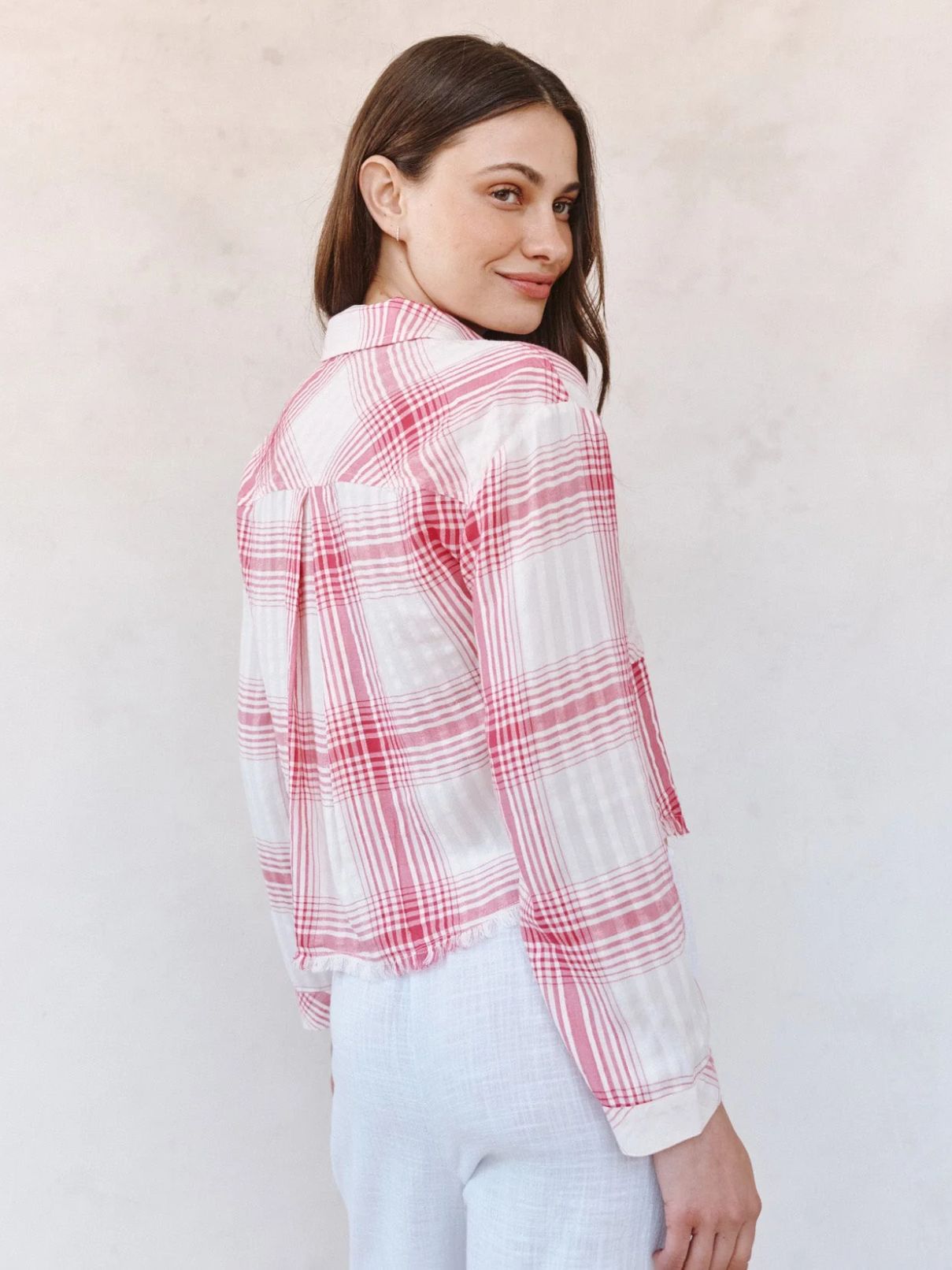 Bella Dahl Two Pocket Fray Hem Top in Pink Sunset Shadow Plaid