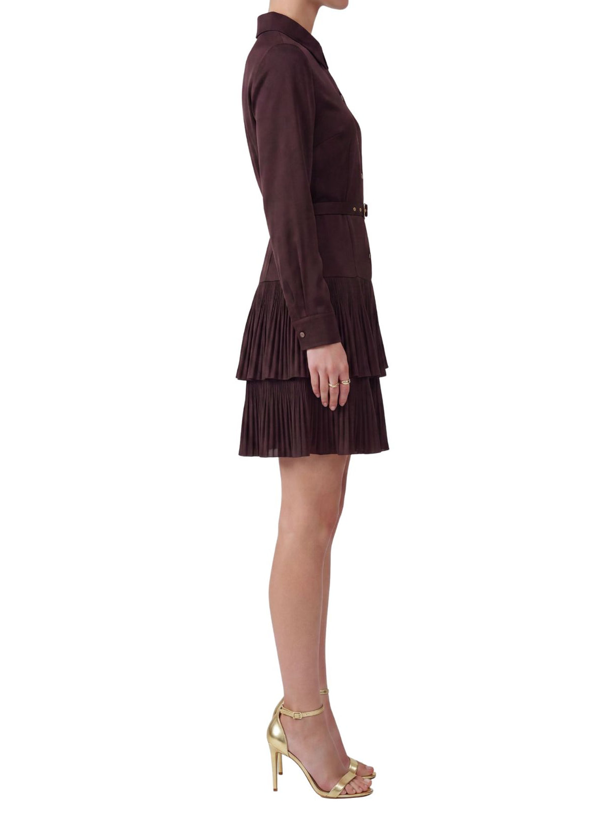 Belted Tiered Pleated Mini Shirt Dress in Cherry Lacquer