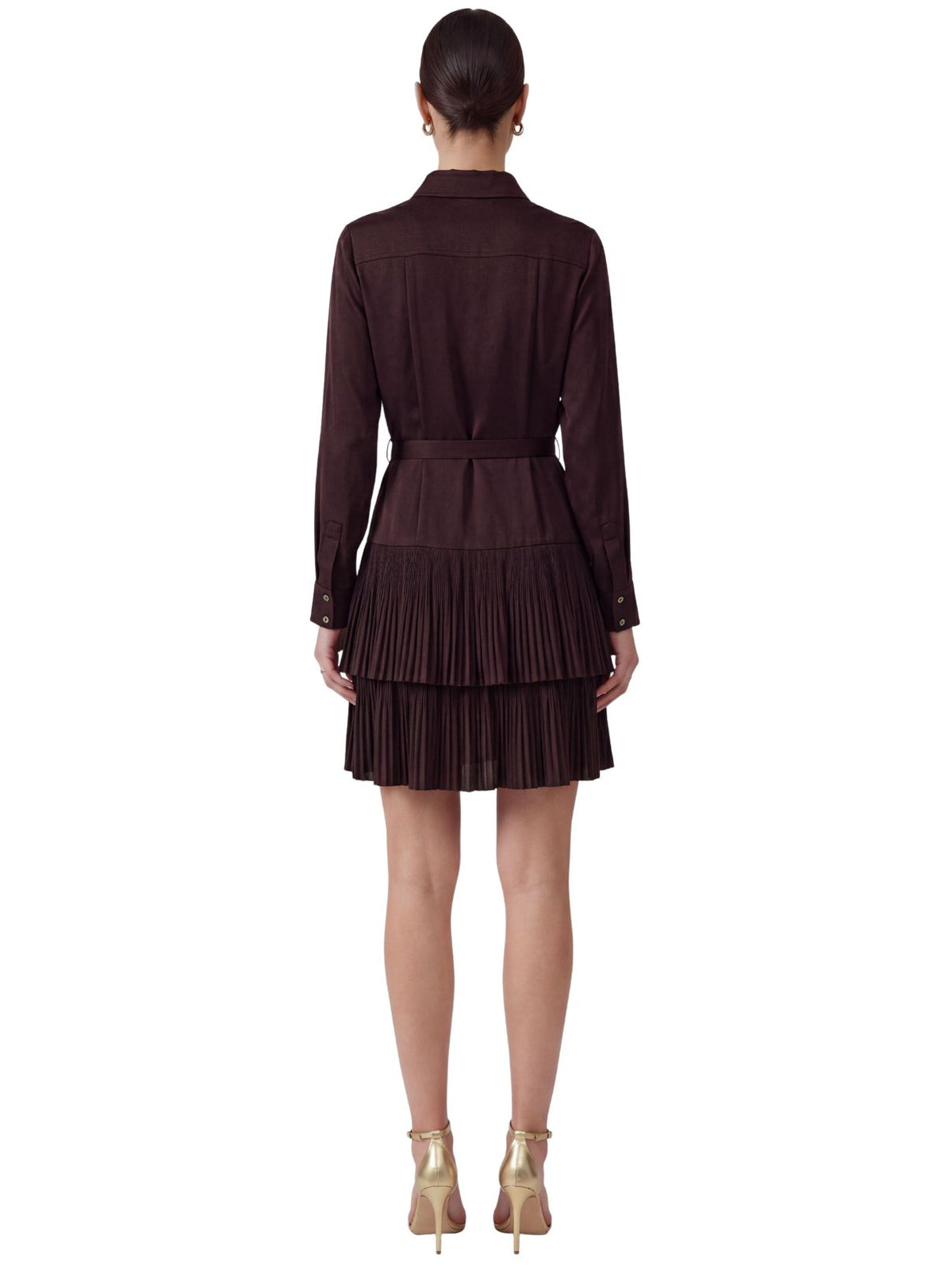 Belted Tiered Pleated Mini Shirt Dress in Cherry Lacquer