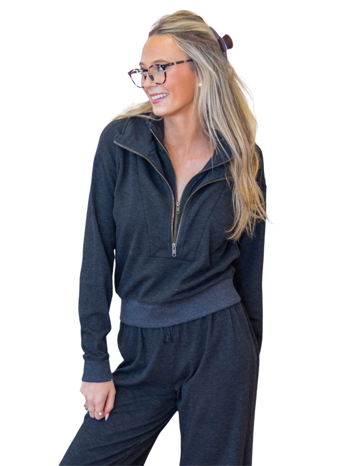 Bobi Double Zip Funnel Sweatshirt in Heather Black