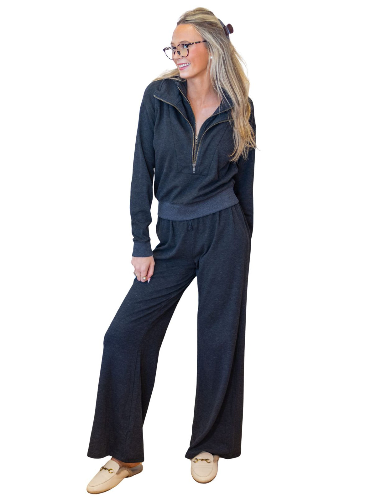 Bobi Double Zip Funnel Sweatshirt in Heather Black