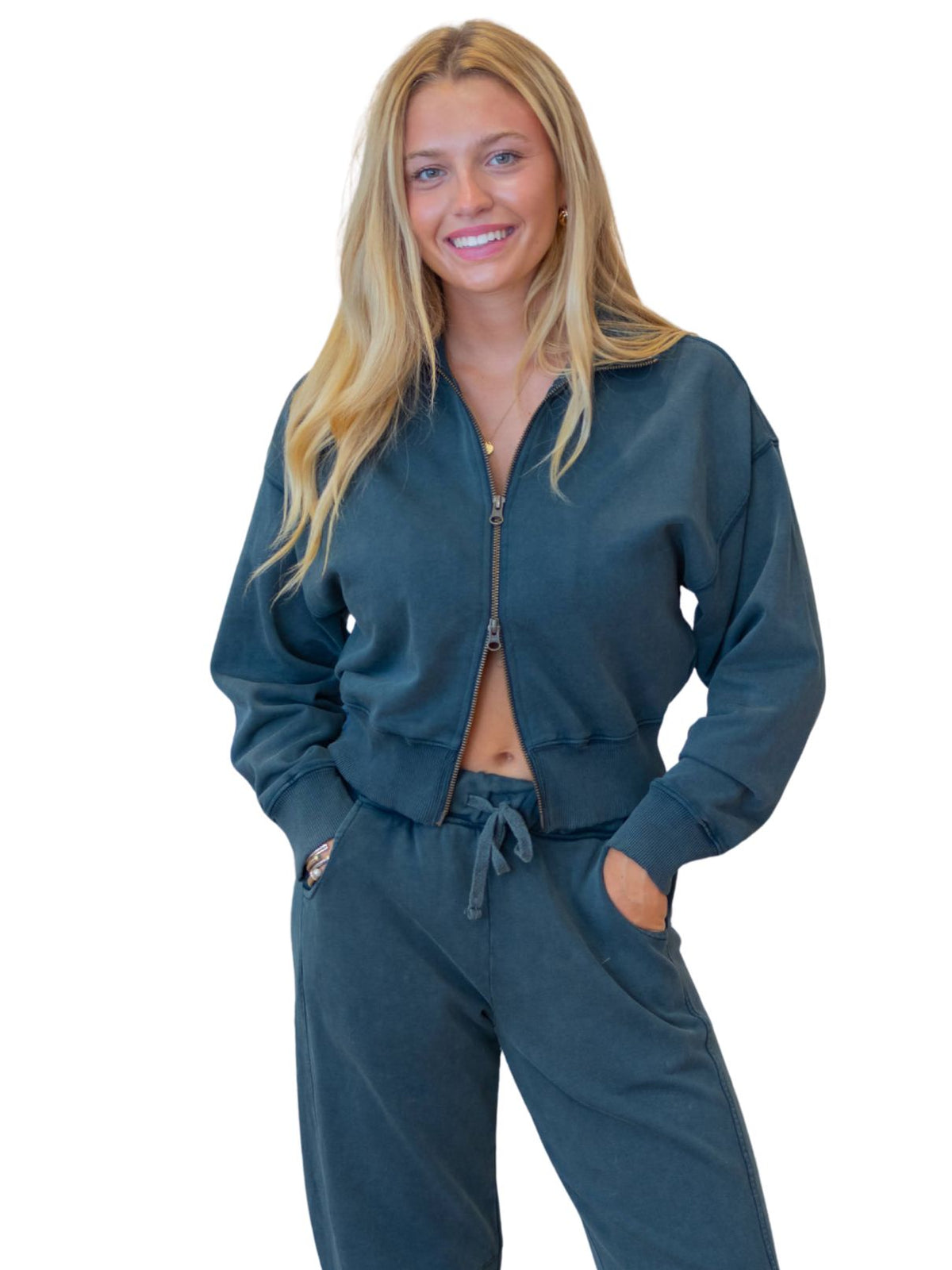 Bobi Funnel Neck Zip Up in Faded Navy