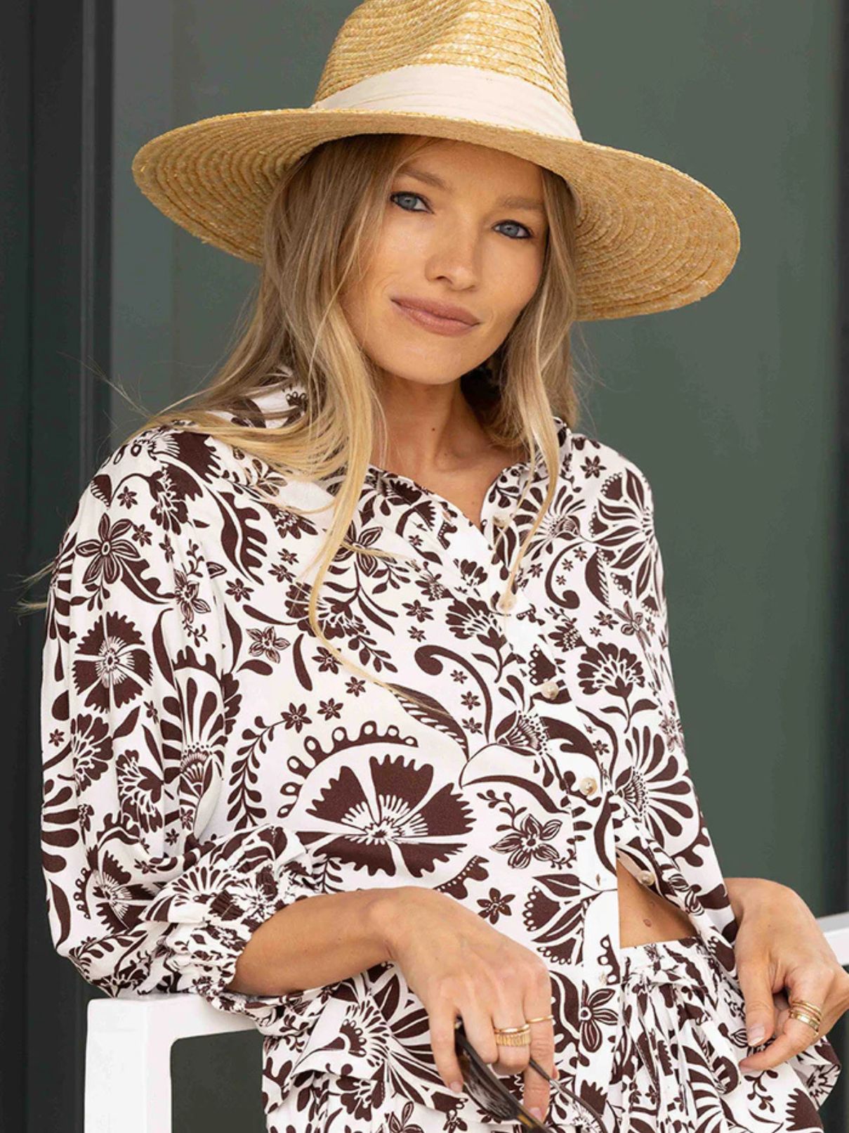 Bobi LA Boho Slv Button Up in Destination Floral