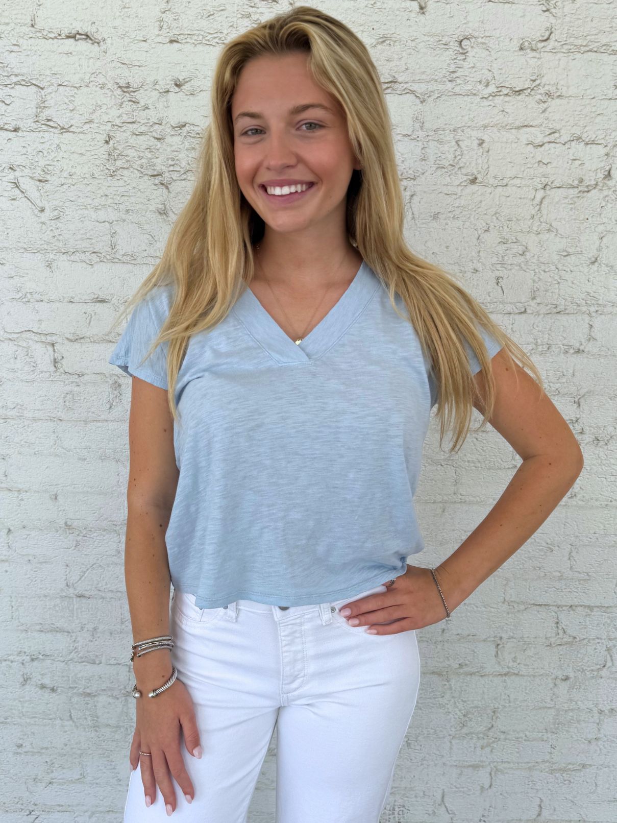 Bobi LA Dolman Vneck Tee in Cool Blue
