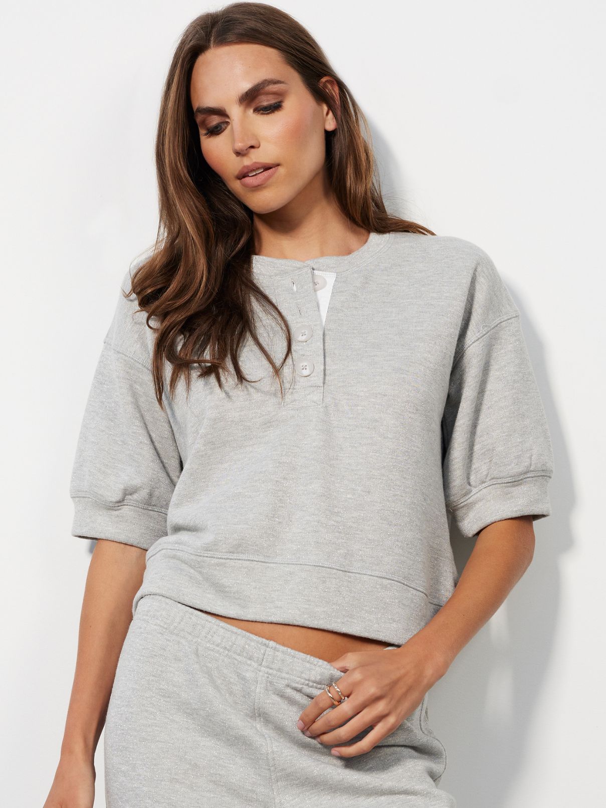 Bobi LA Puff Sleeve Boxy Henley in Grey