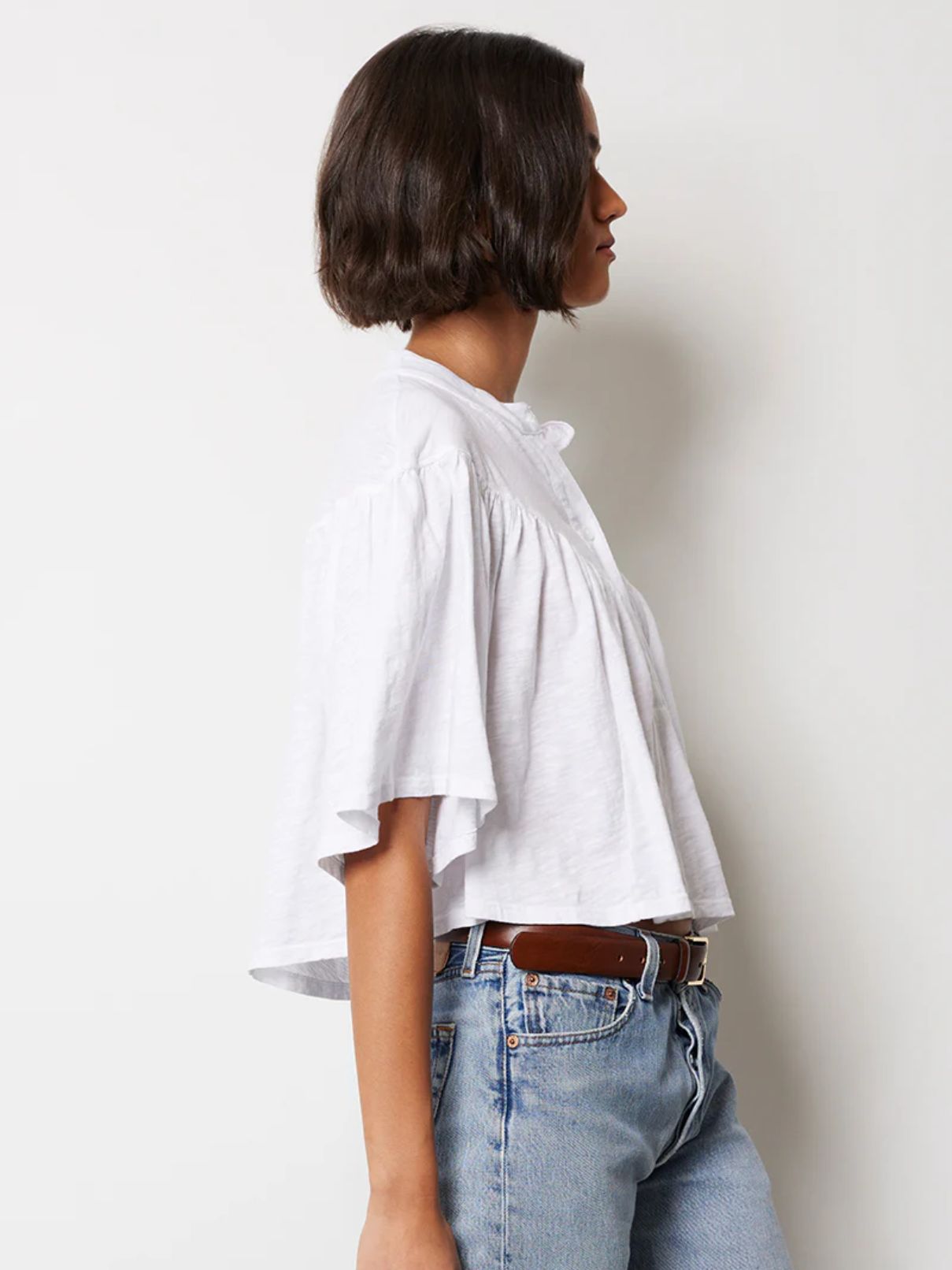 Bobi LA V Yoke Henley Blouse in White