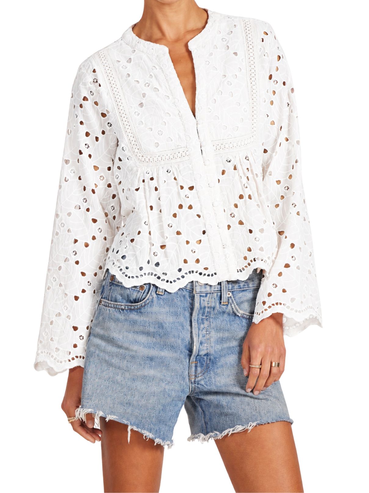 Bobi Lace Trim Button-Up Top in White
