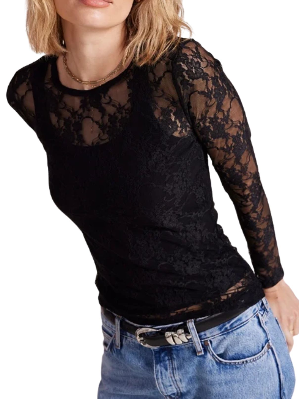 Bobi Slim Long Sleeve Lace Tee – Black