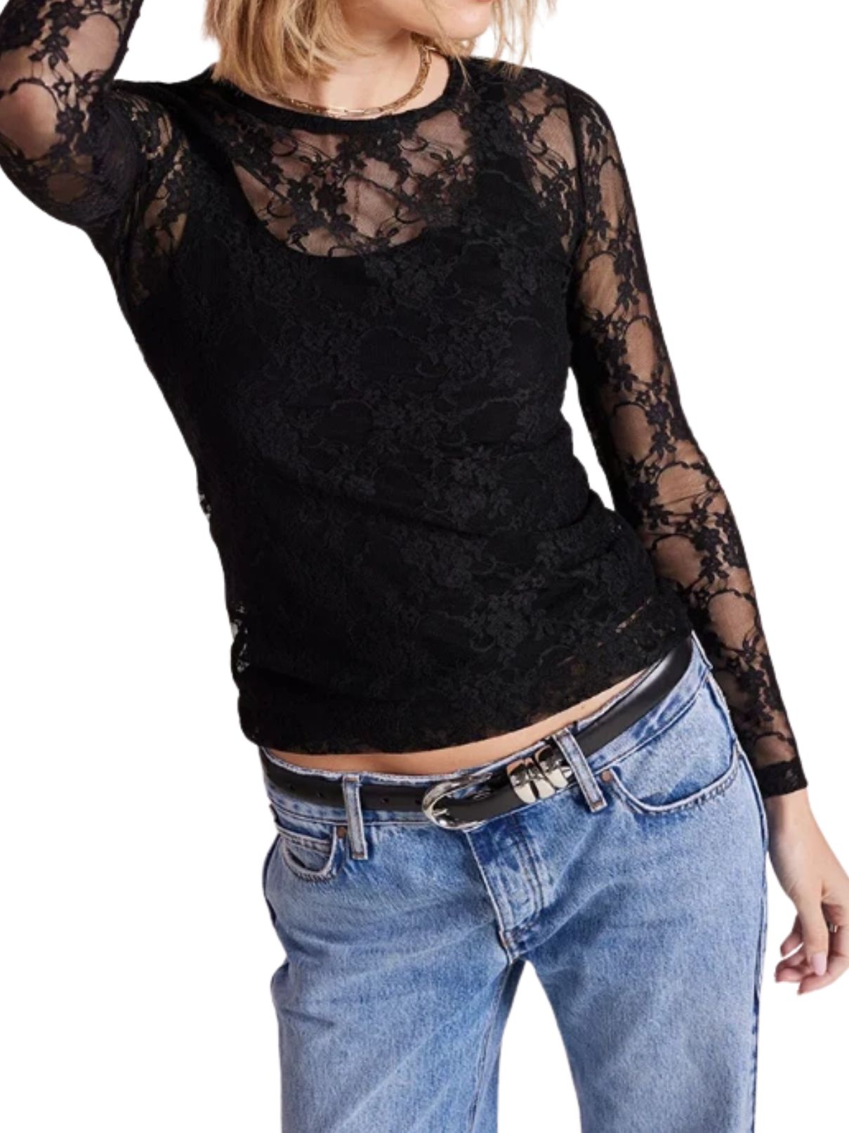 Bobi Slim Long Sleeve Lace Tee – Black