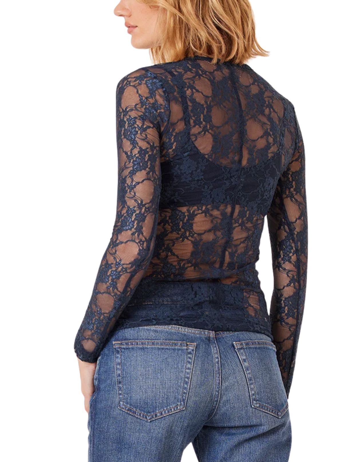 Bobi Slim Long Sleeve Lace Tee – Hale Navy