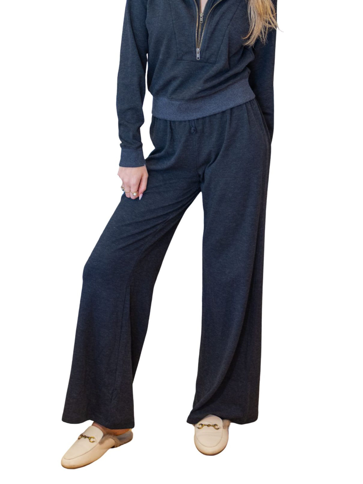 Bobi Wide Leg Lounger Sweatpant in Heather Black