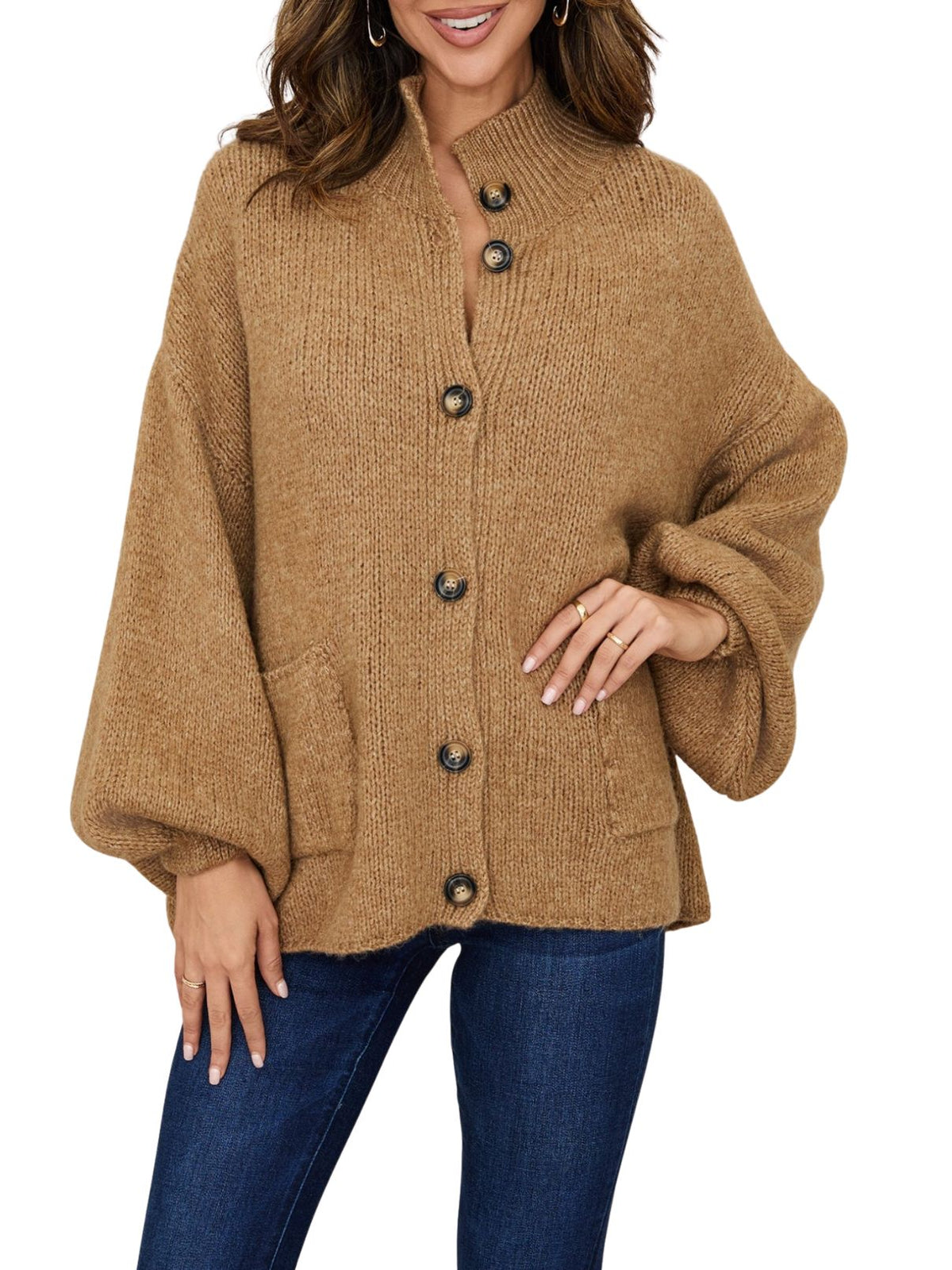 Button-Down Balloon Sleeve Knit Cardigan Sweater in Camel