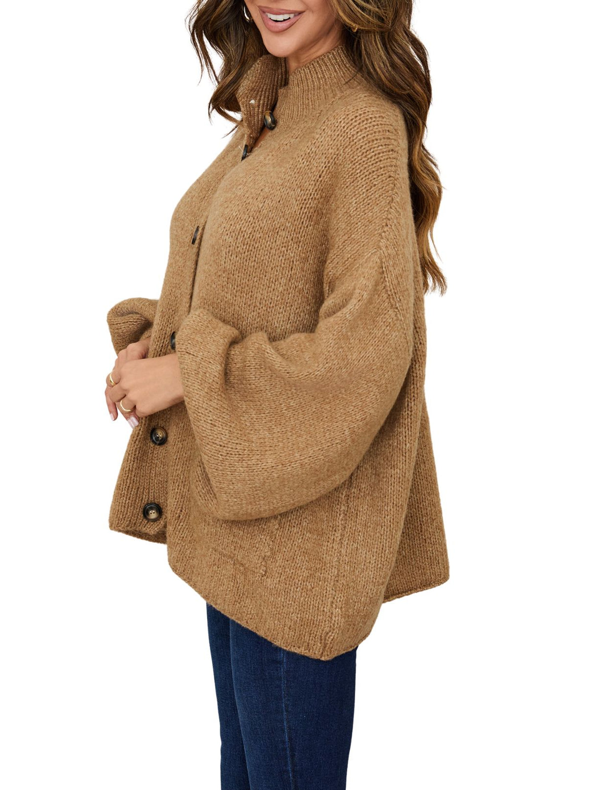 Button-Down Balloon Sleeve Knit Cardigan Sweater in Camel