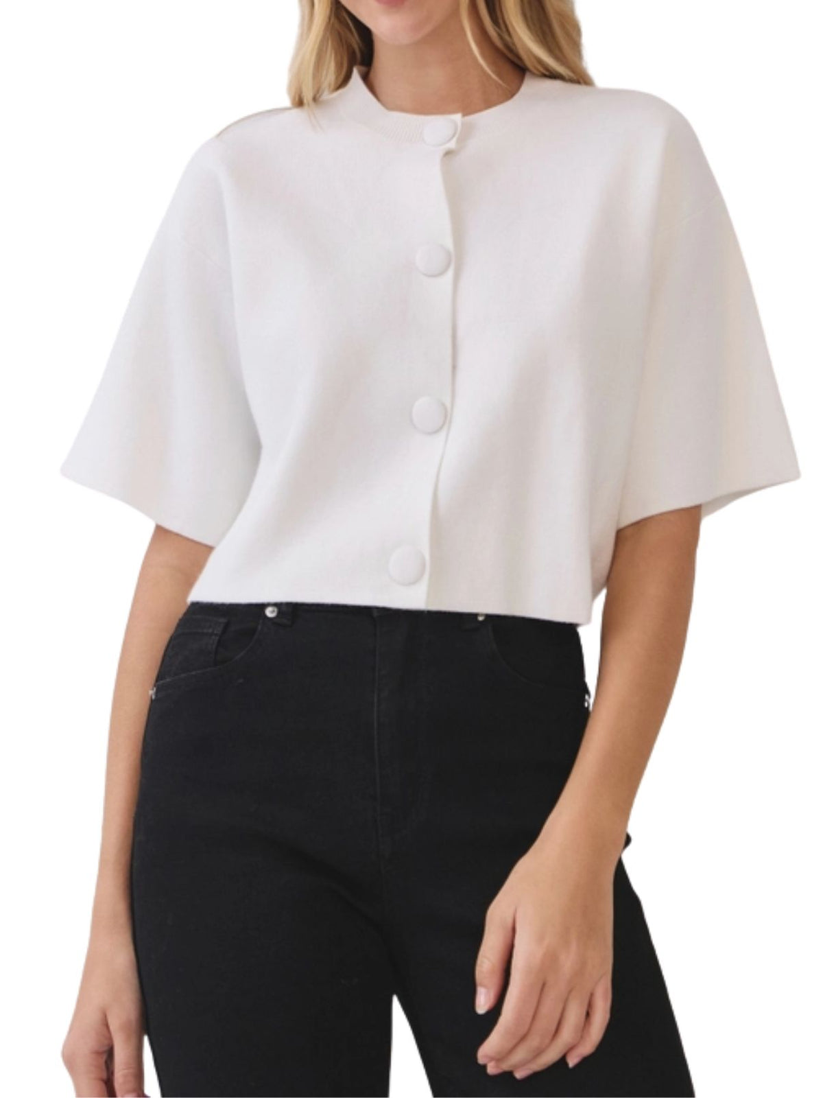 Button-Down Cropped Knit Sweater in White