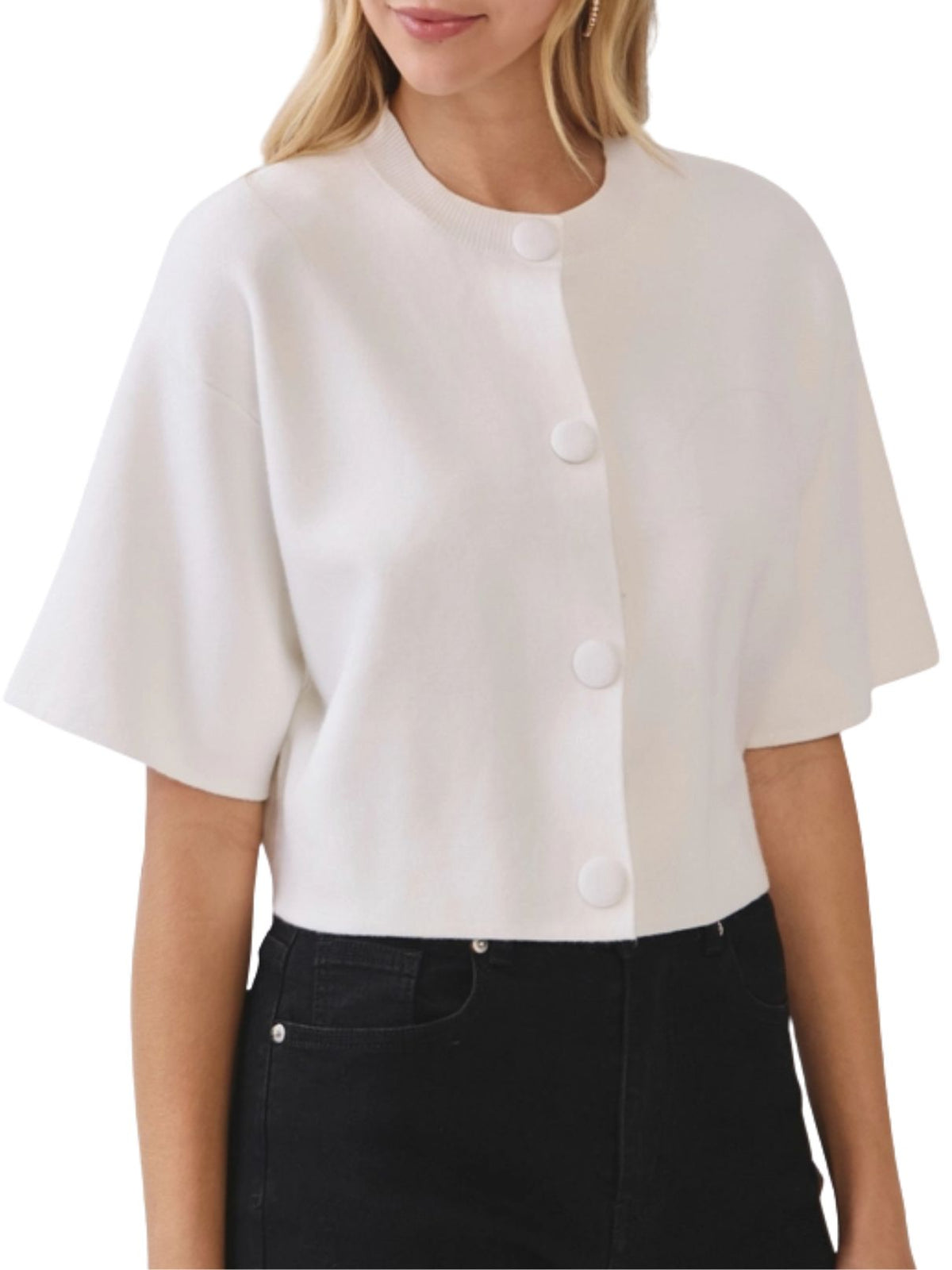 Button-Down Cropped Knit Sweater in White