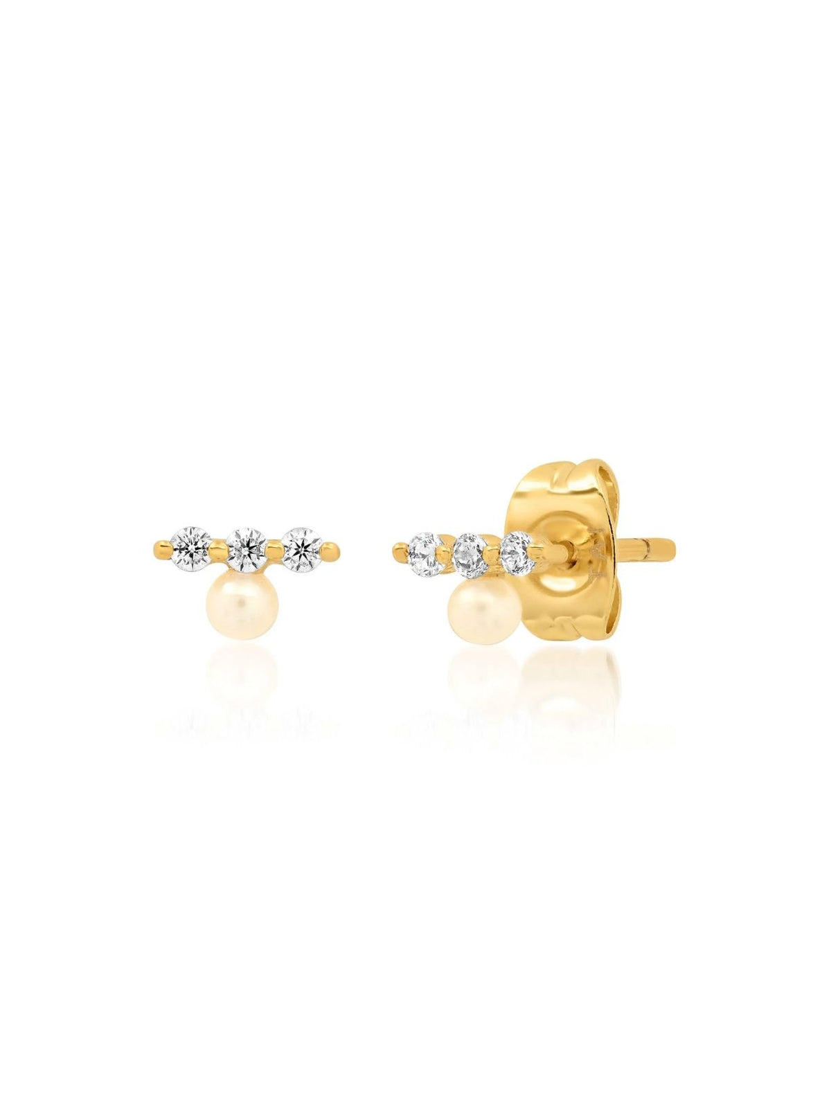 CZ Bar Stud Earrings with Freshwater Pearl in Gold