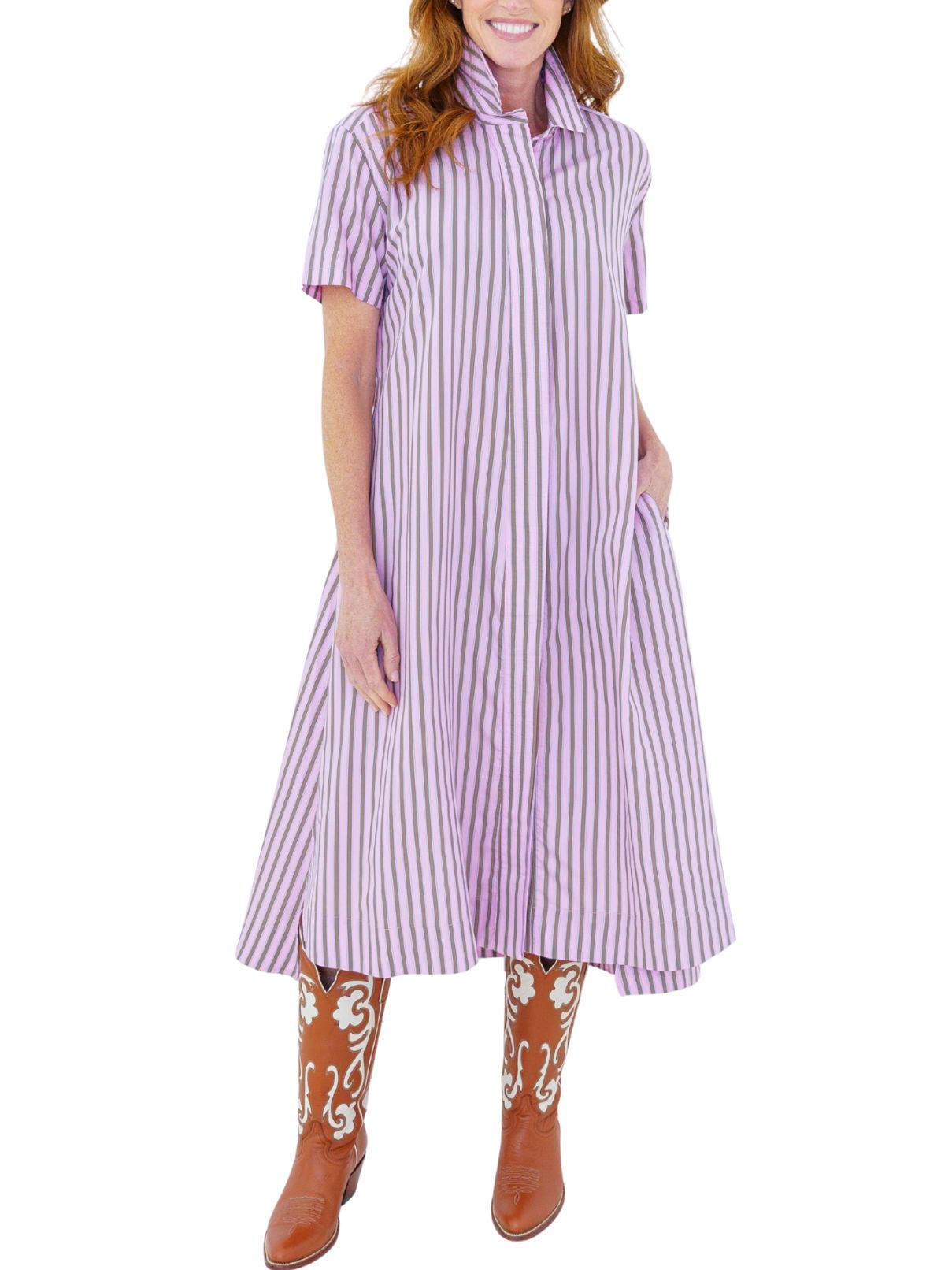 Caryn Lawn Millie Dress in Pink-Khaki Stripe